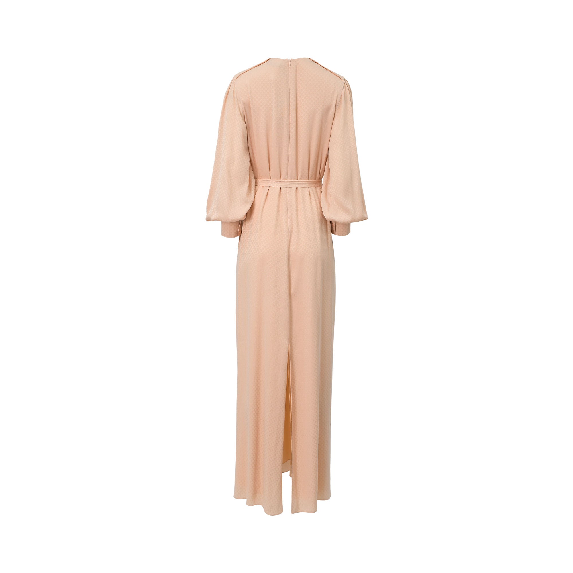Back view of a peach BAQA maxi dress showing a structured shoulder design, long cuffed bishop sleeves, a matching belt, a hidden center zipper, and a high walking slit at the hem.