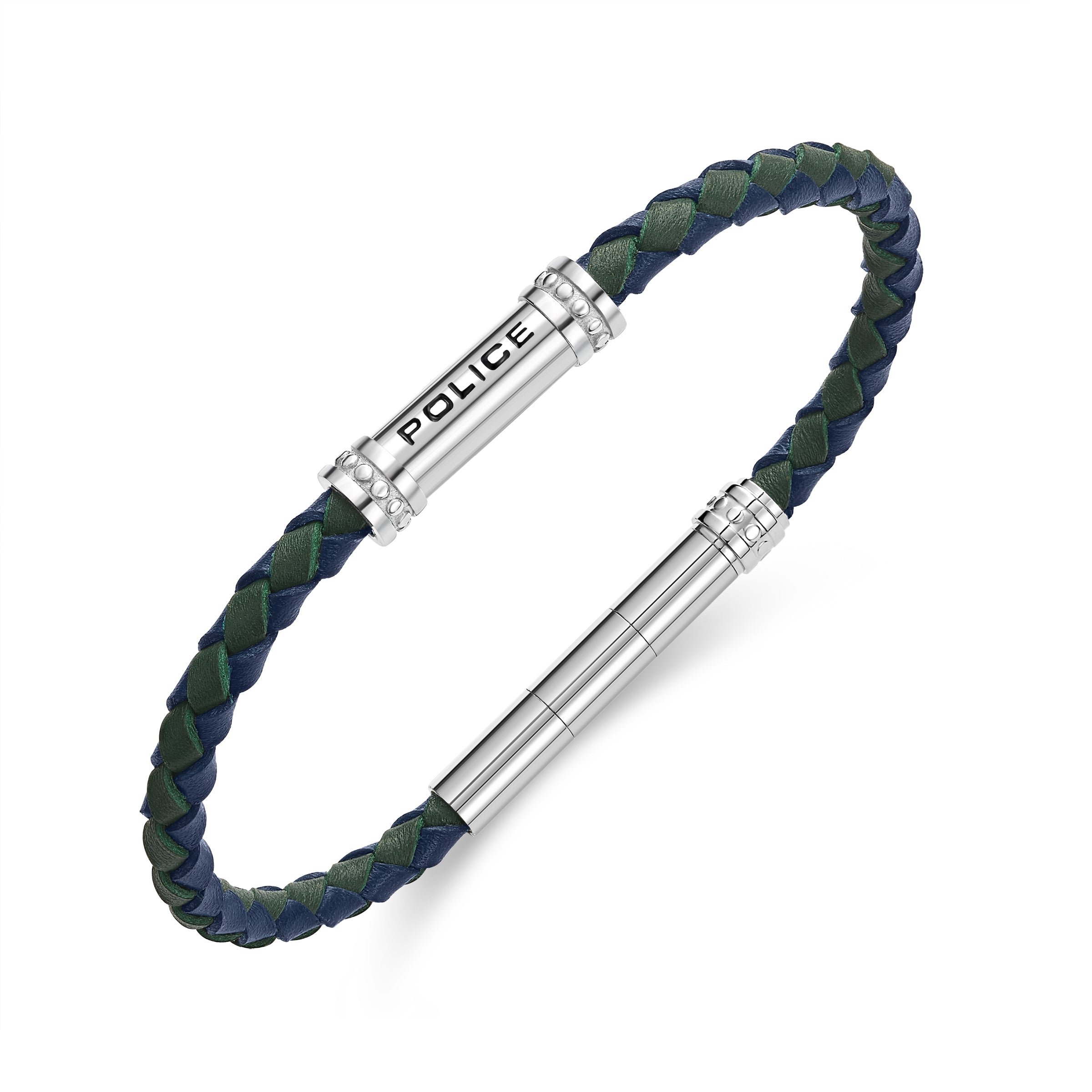 Blue and green braided leather bracelet with a silver-toned magnetic clasp. One clasp end is plain, the other has "POLICE" en