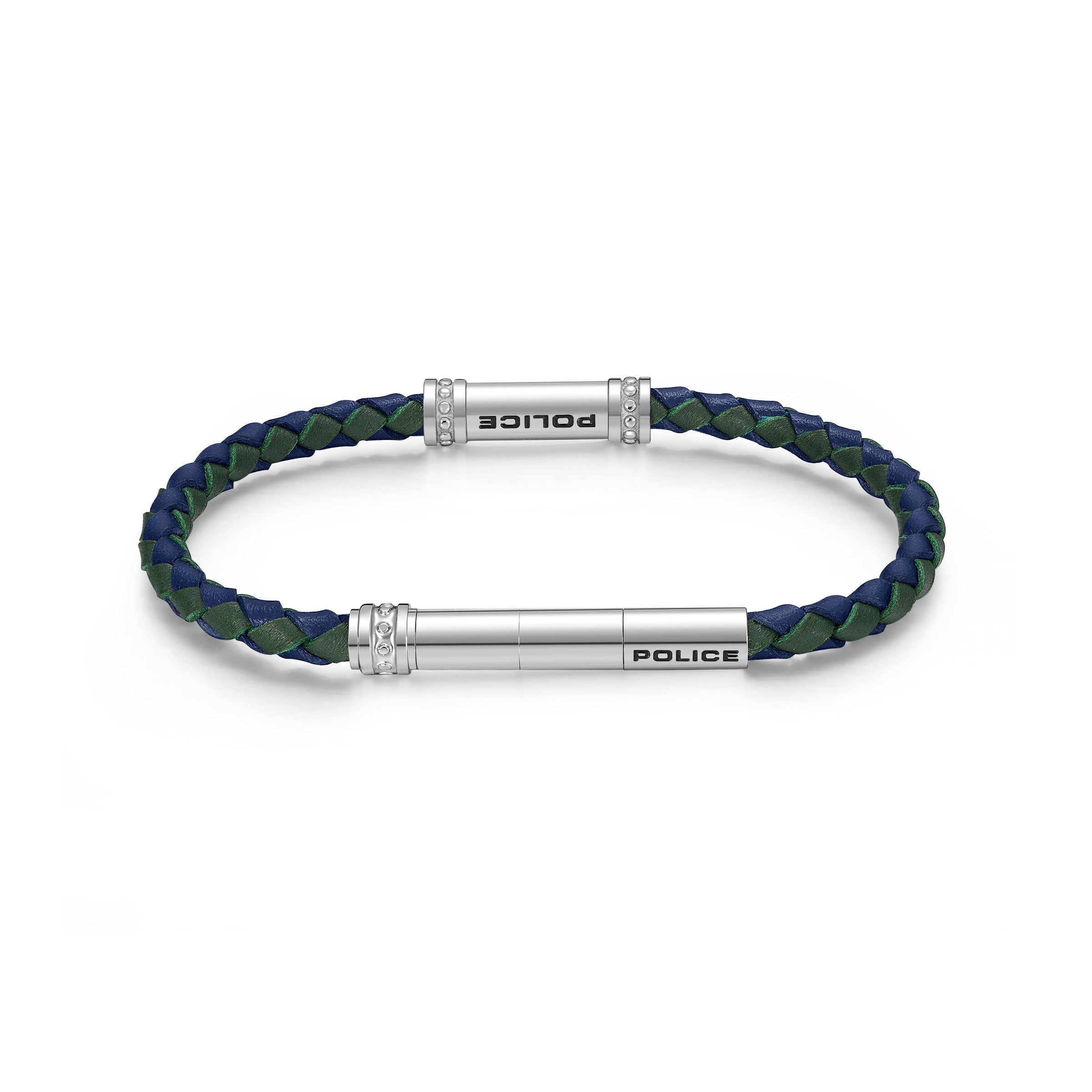 Police braided dark blue and dark green leather bracelet with silver-toned magnetic clasp and clear stone details.