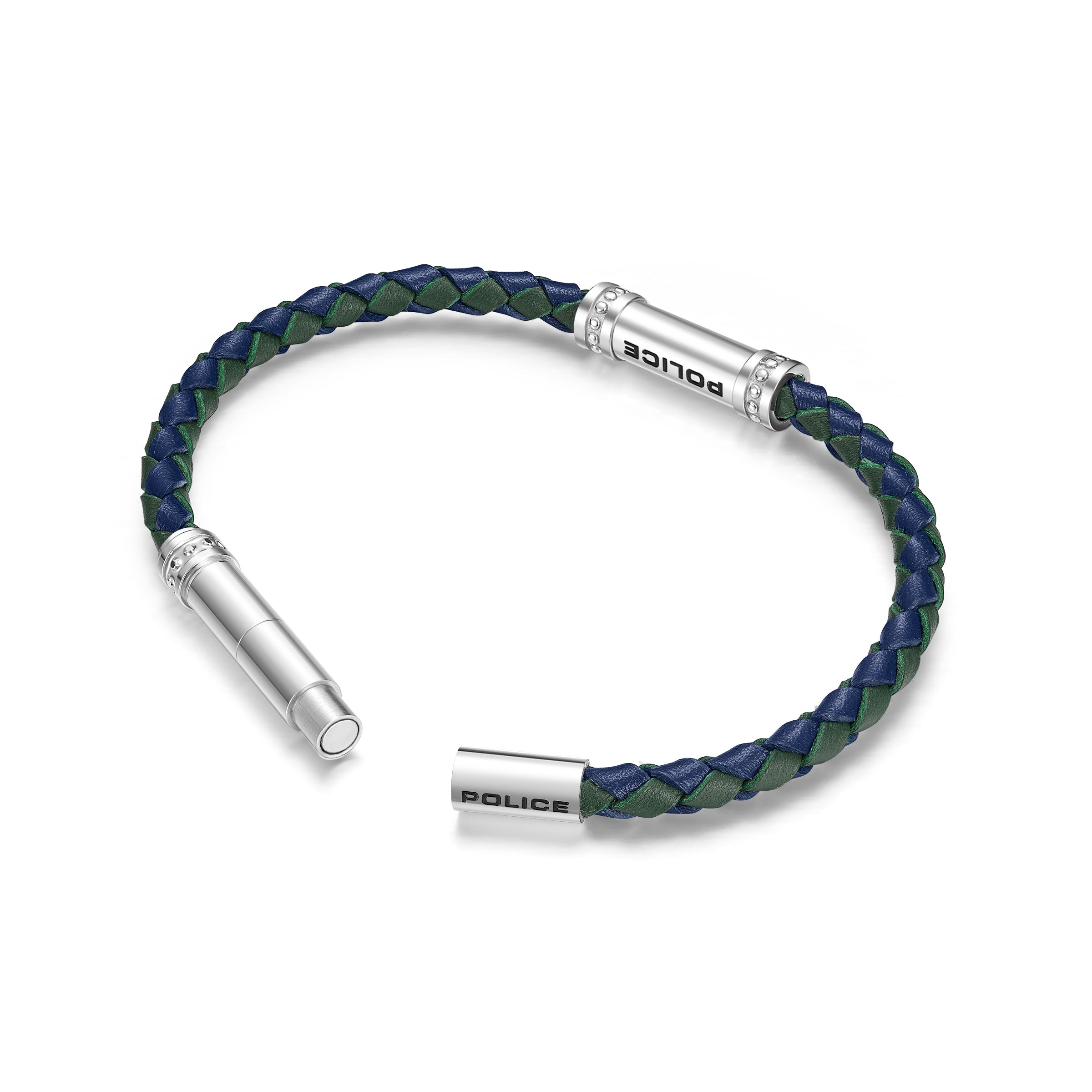 Blue-green braided leather bracelet with silver-toned magnetic clasp. One end has a cylindrical bar with 'POLICE' and clear s