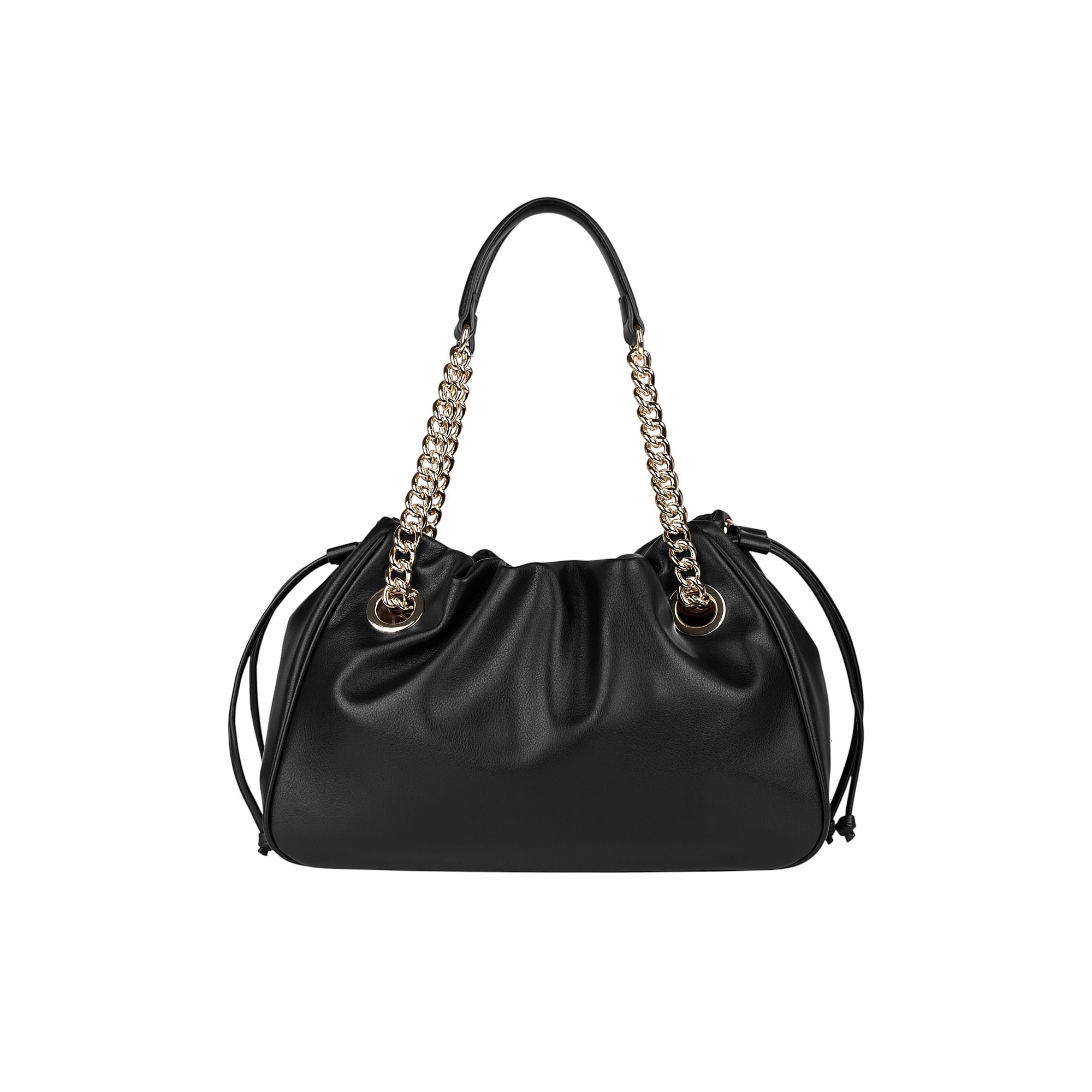 Black gathered shoulder bag with gold-toned chain straps and a flat top handle section.