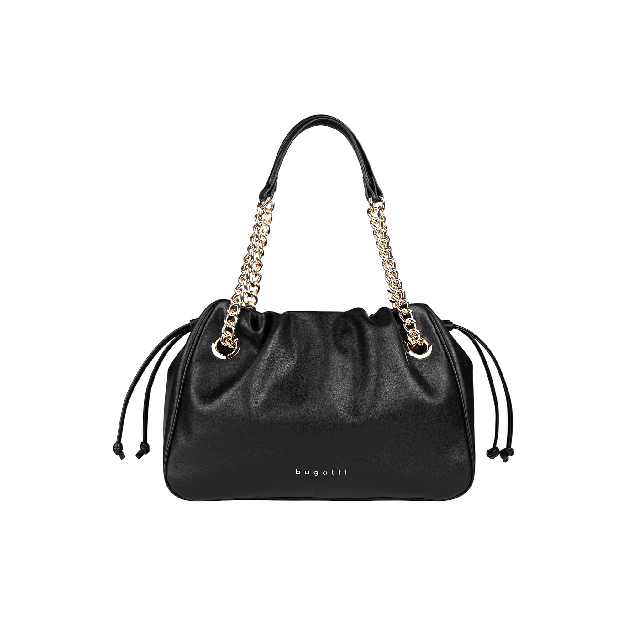 Black faux leather shoulder bag with a gathered top. It has two black top handles that transition into gold-toned chain strap