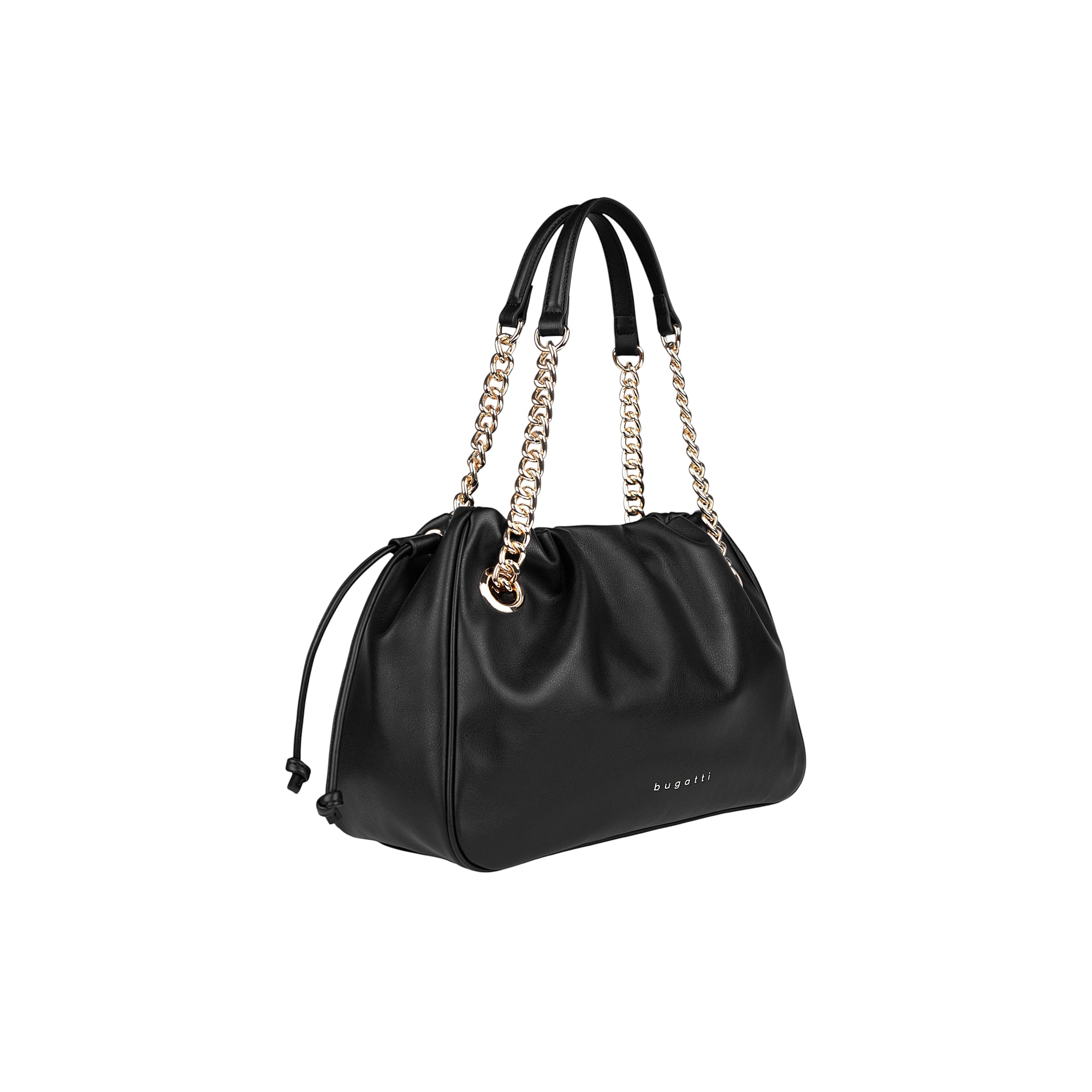 Black faux leather drawstring bag with two top handles and two gold-toned chain shoulder straps. 'bugatti' logo on front.
