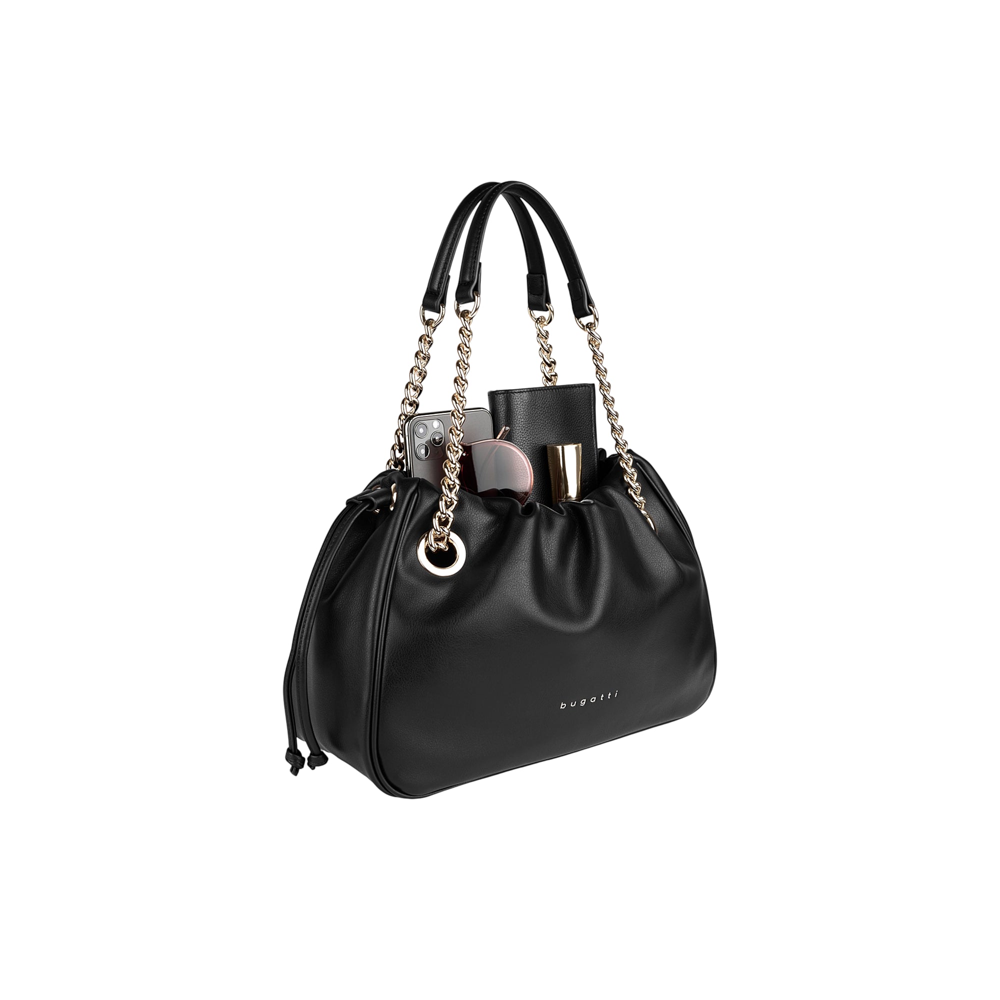 Black faux leather drawstring bag with gathered top, two top handles, gold-toned chain straps, and a silver-toned 'bugatti' l