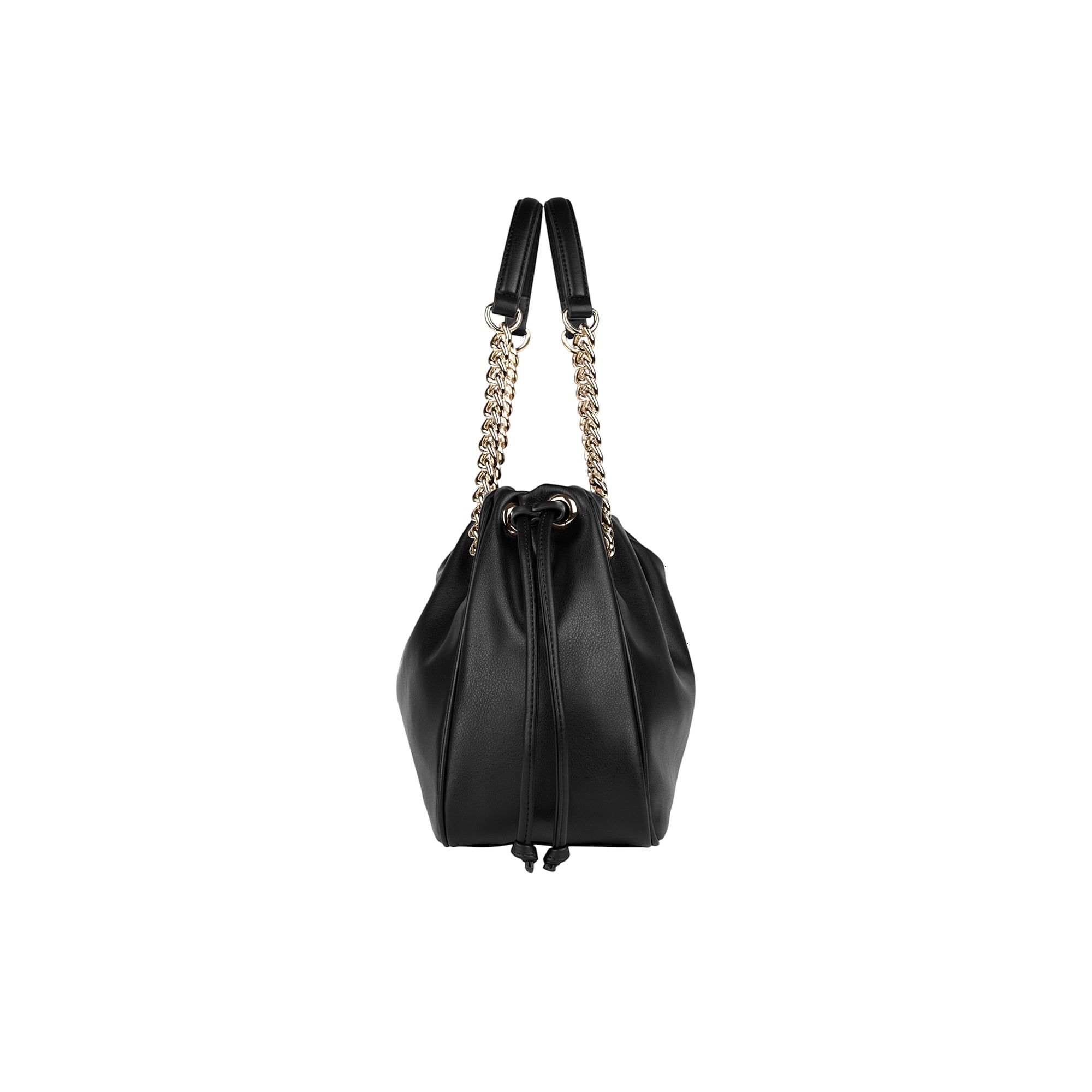 Black faux leather bucket bag with a drawstring closure, featuring two black top handles and two gold-toned chain straps.