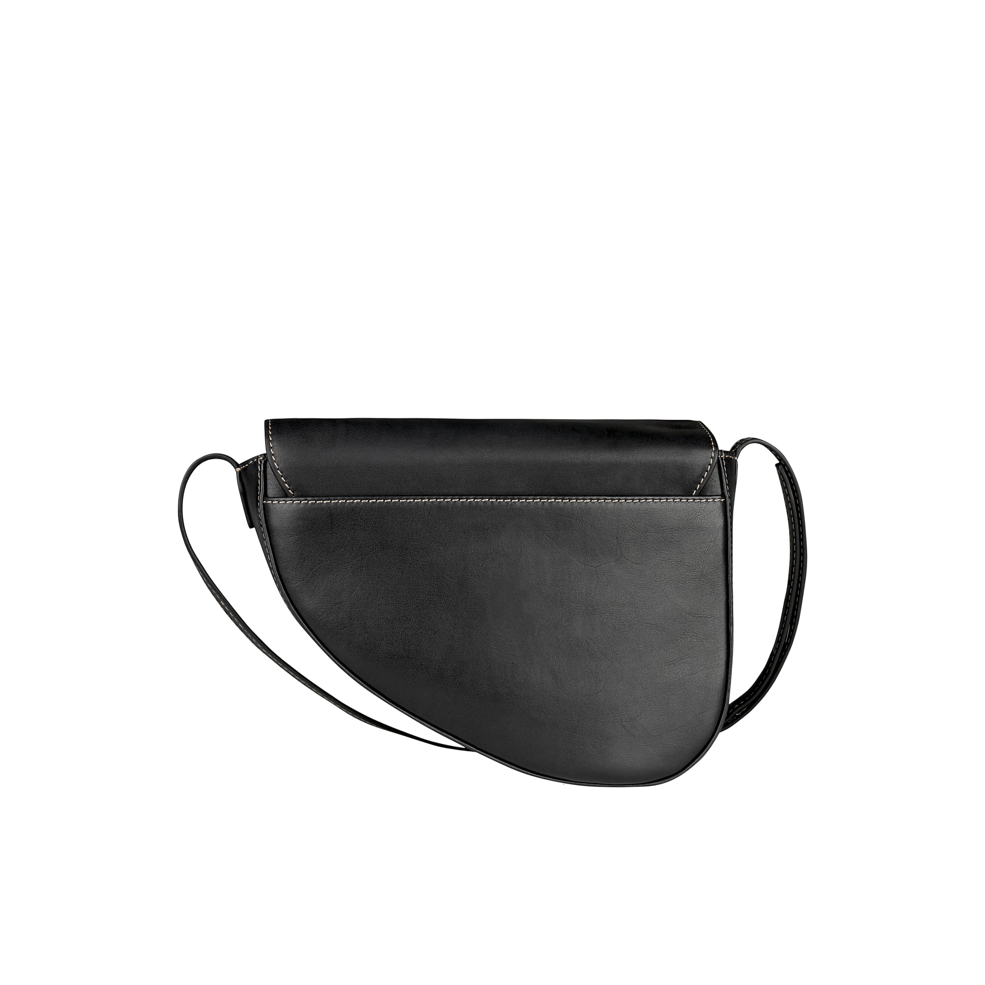 Black leather saddle bag with a curved base, flap closure, and thin adjustable shoulder strap, featuring white contrast stitc