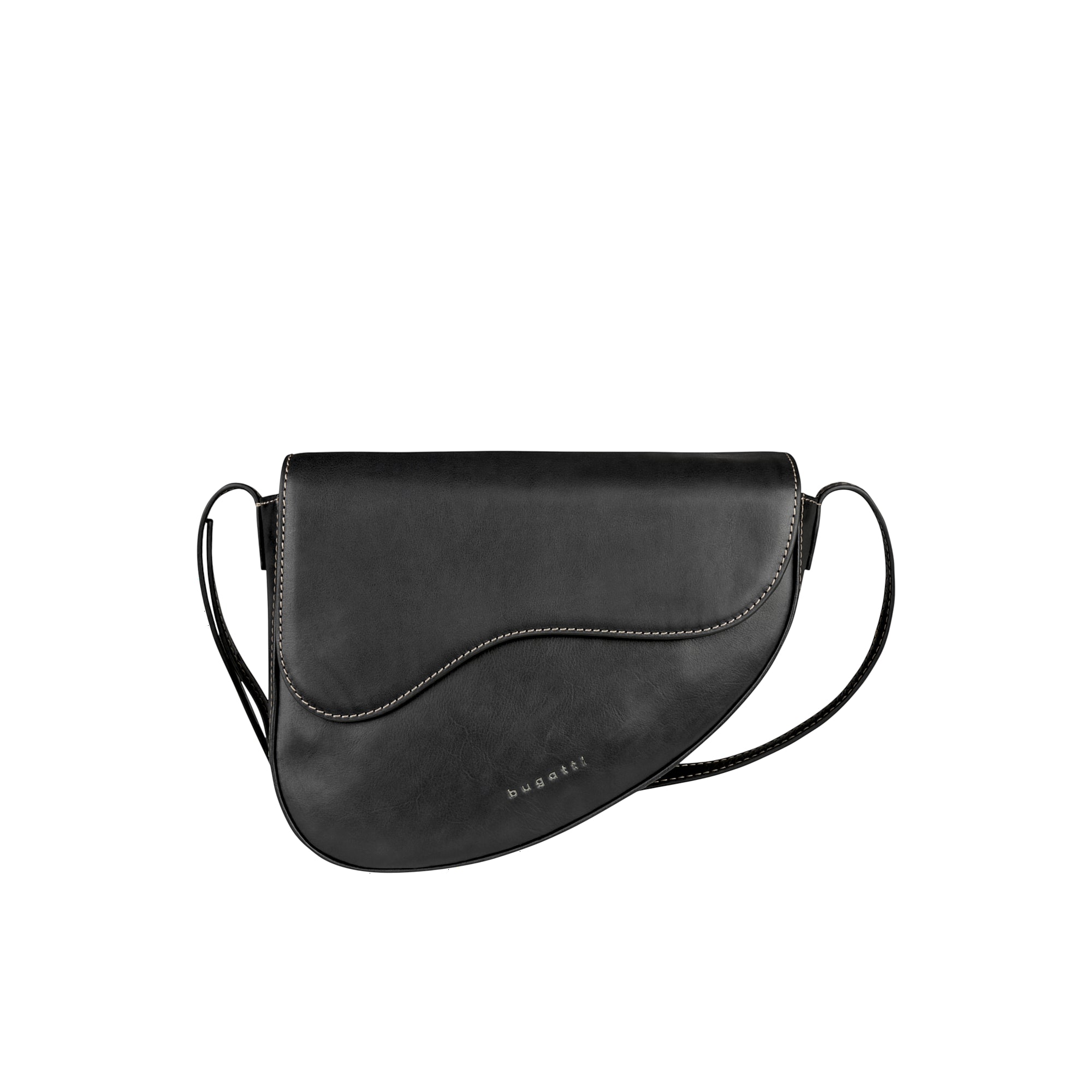 Black leather-look shoulder bag with a curved flap, white stitching, and 'bugatti' text on the front.