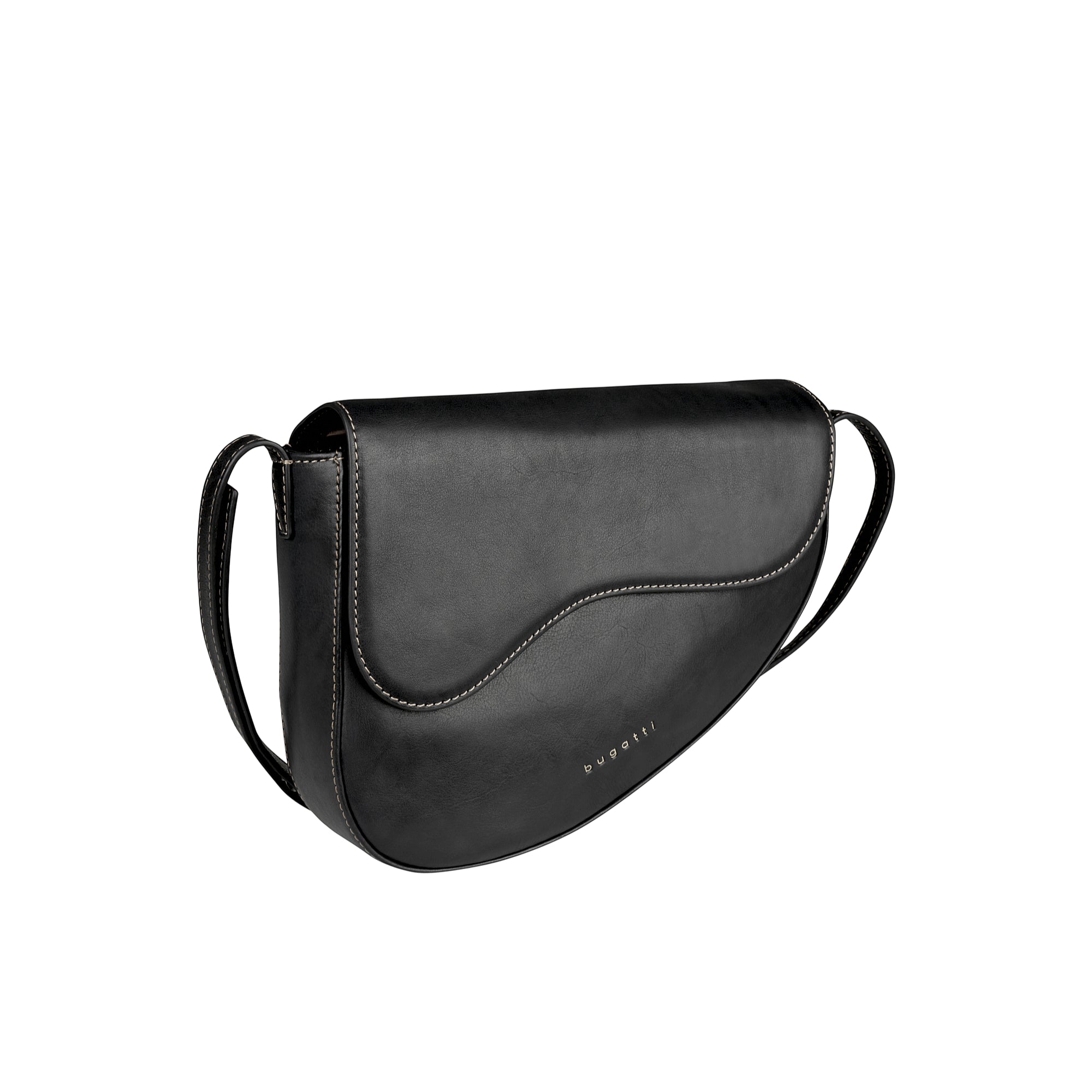 Black smooth leather-like shoulder bag with a curved flap, white wavy stitching, and a subtle 'bugatti' logo.