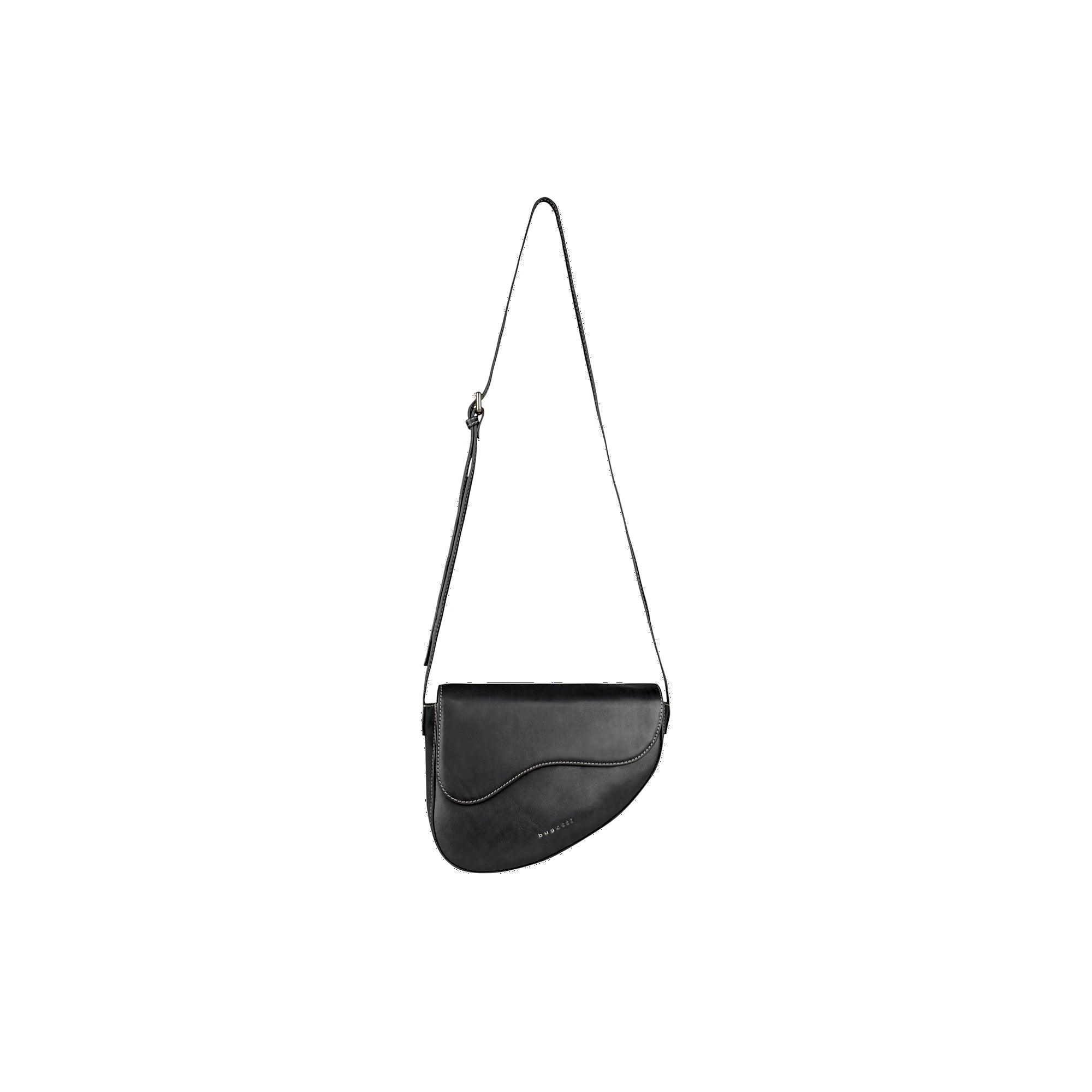Black saddle bag with a curved flap, white contrast stitching, and a thin adjustable strap with a silver-toned buckle. BUGATT