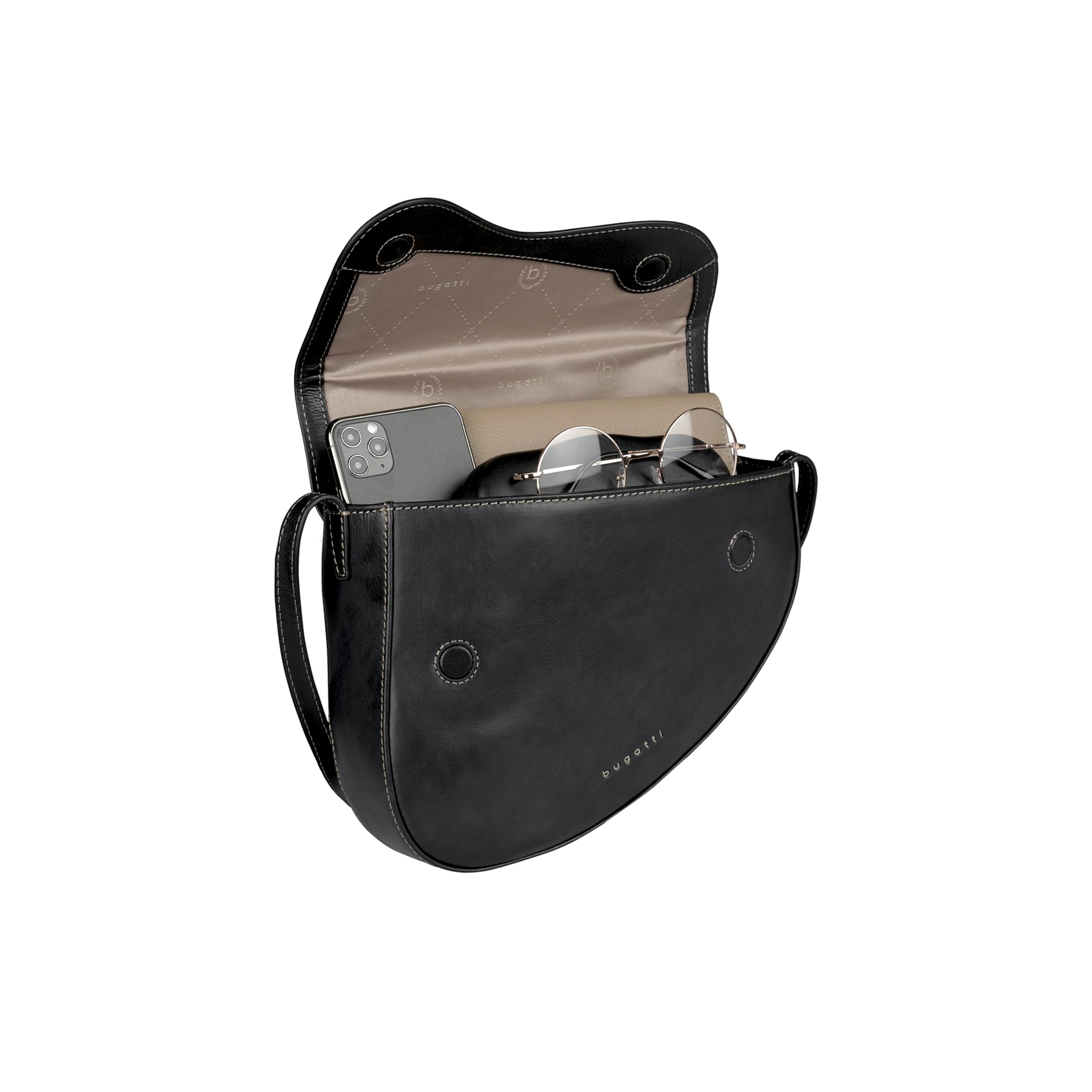 Black half-moon shoulder bag with contrasting light stitching, an open flap revealing a light brown patterned lining, and dar