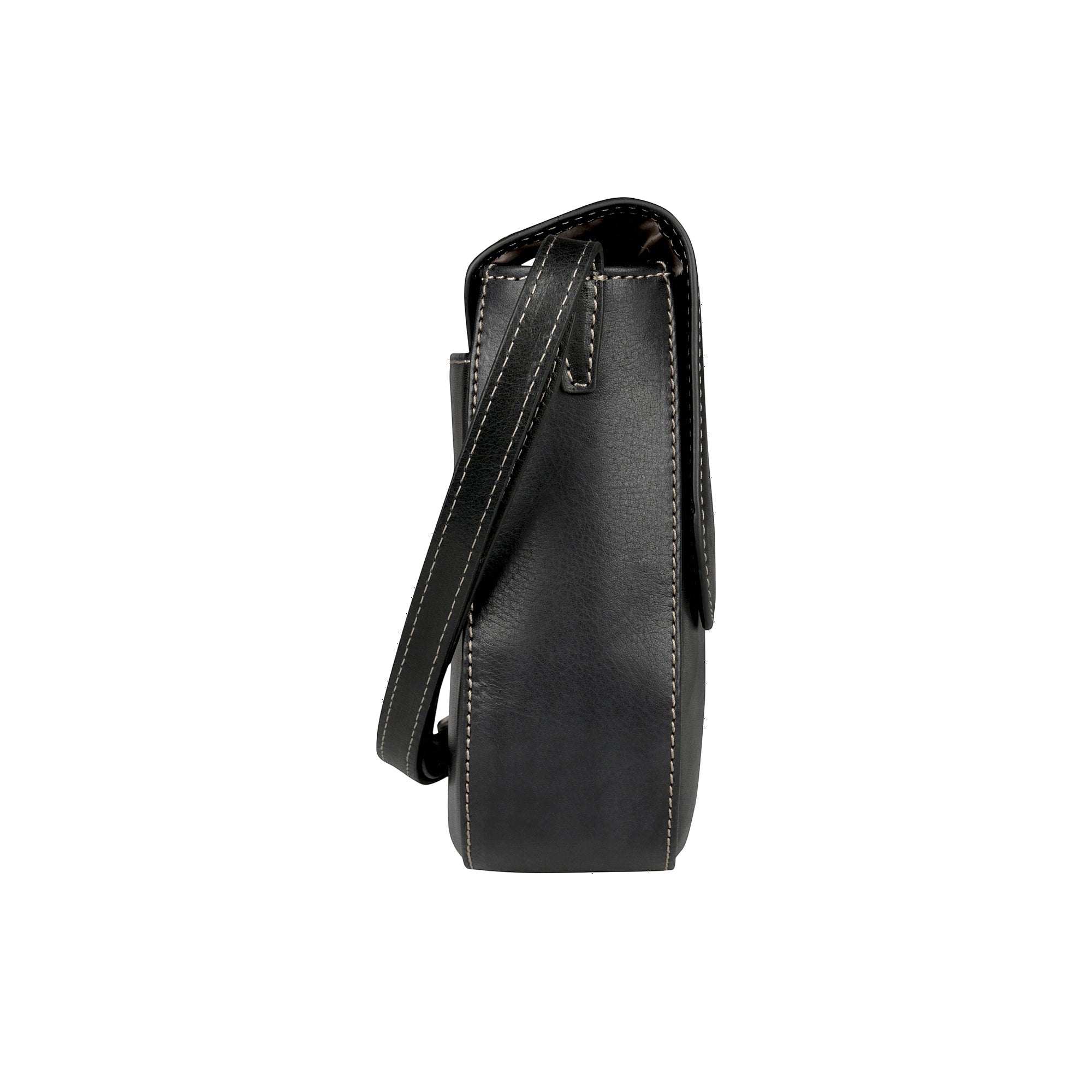 Black leather-look rectangular shoulder bag with a flap closure and thin strap, all featuring contrasting light stitching.
