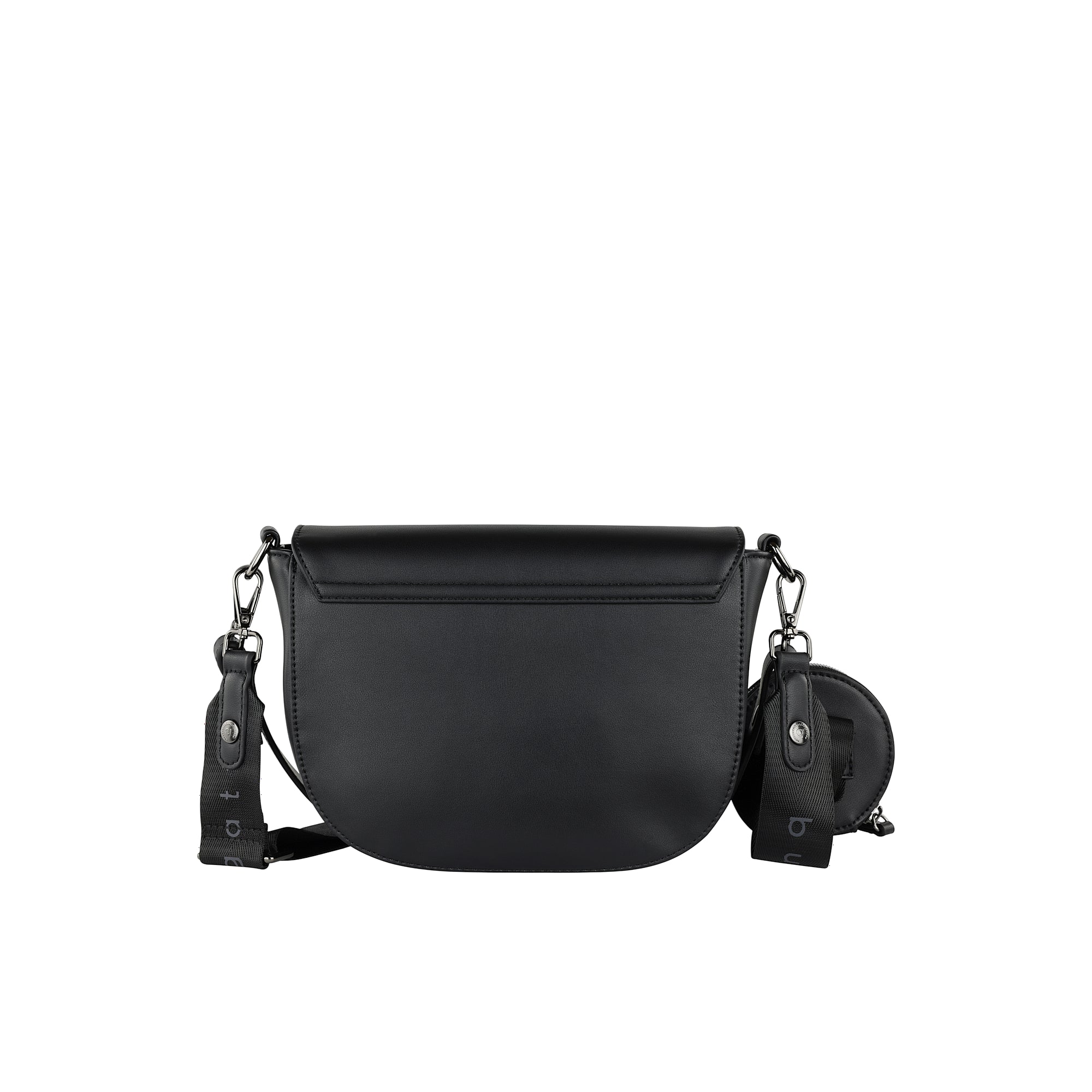 Black semi-circular crossbody shoulder bag with a flap closure, wide logo strap, and a small round zippered pouch attached.