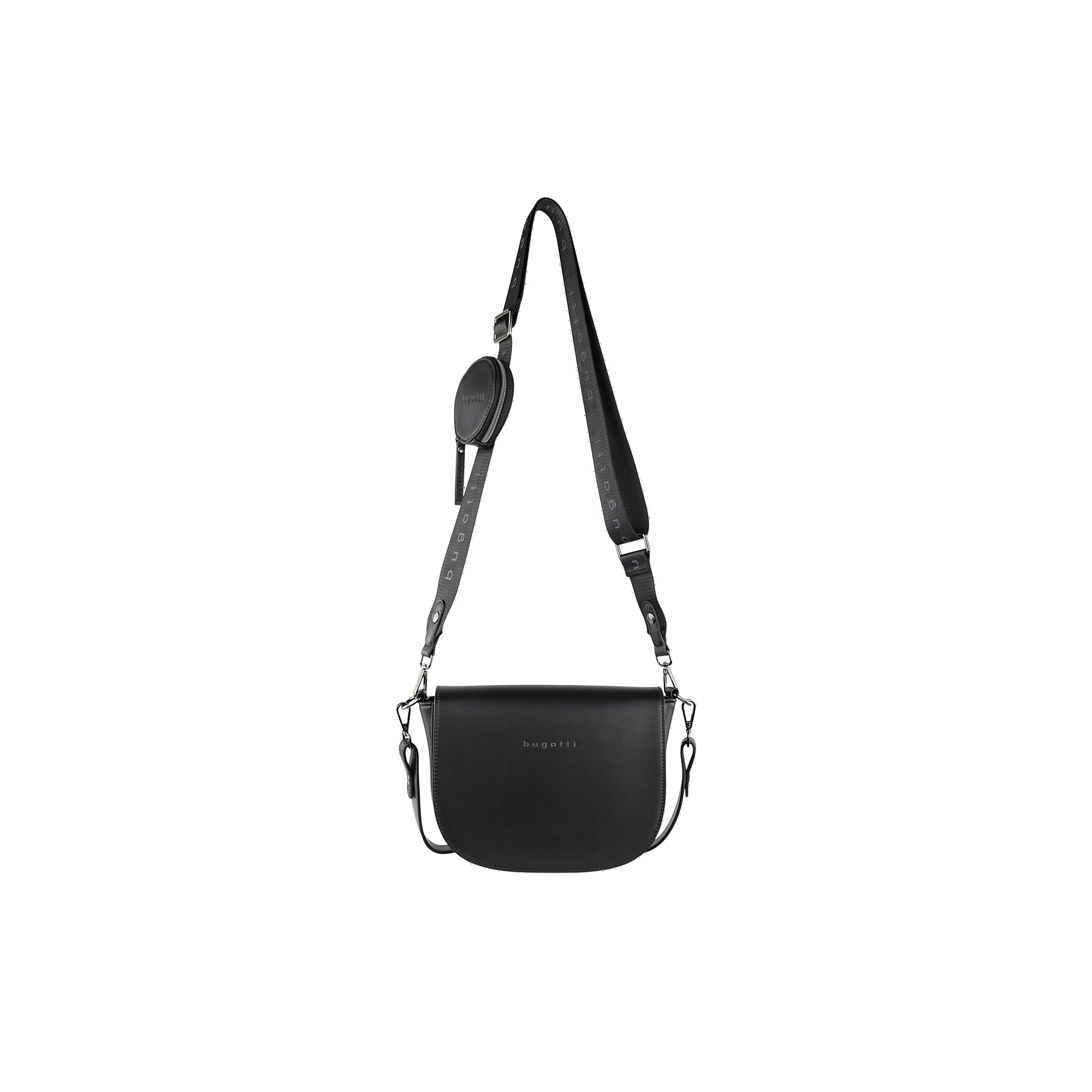 Black saddle-shaped crossbody bag with "bugatti" logo on flap. Features a branded fabric strap with silver-toned hardware and