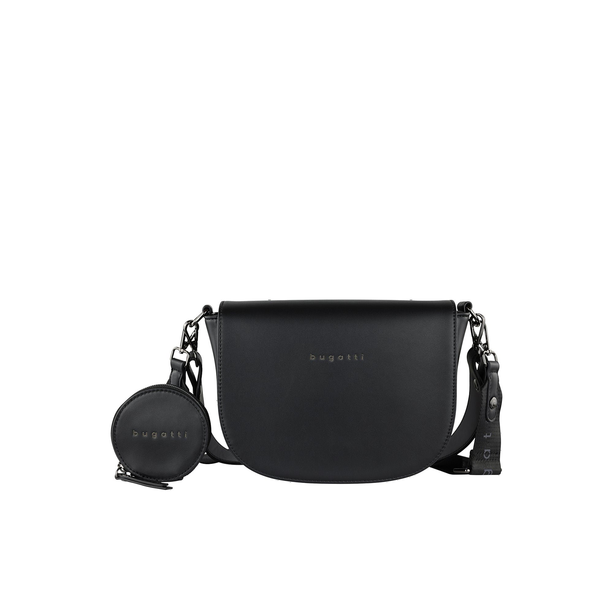 Black crossbody bag with rounded shape, silver-toned 'bugatti' logo on flap, black fabric strap. Attached is a small round po