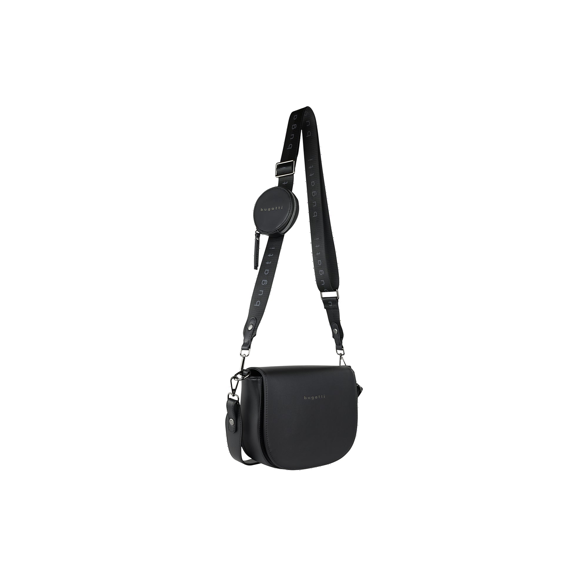 Black crossbody bag with a rounded flap, embossed "bugatti" logo, and a wide black strap featuring repeated "bugatti" text an