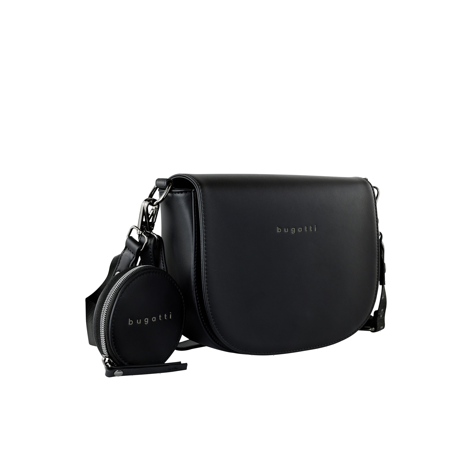 Black crossbody bag with a rounded flap, 'bugatti' logo, silver-toned hardware, adjustable strap, and an attached round zippe