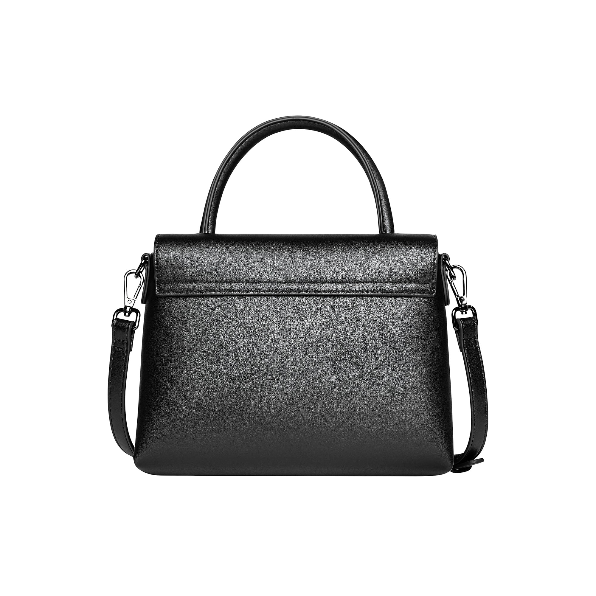 Black structured top handle bag with a front flap closure and a detachable black shoulder strap, featuring silver-toned hardw