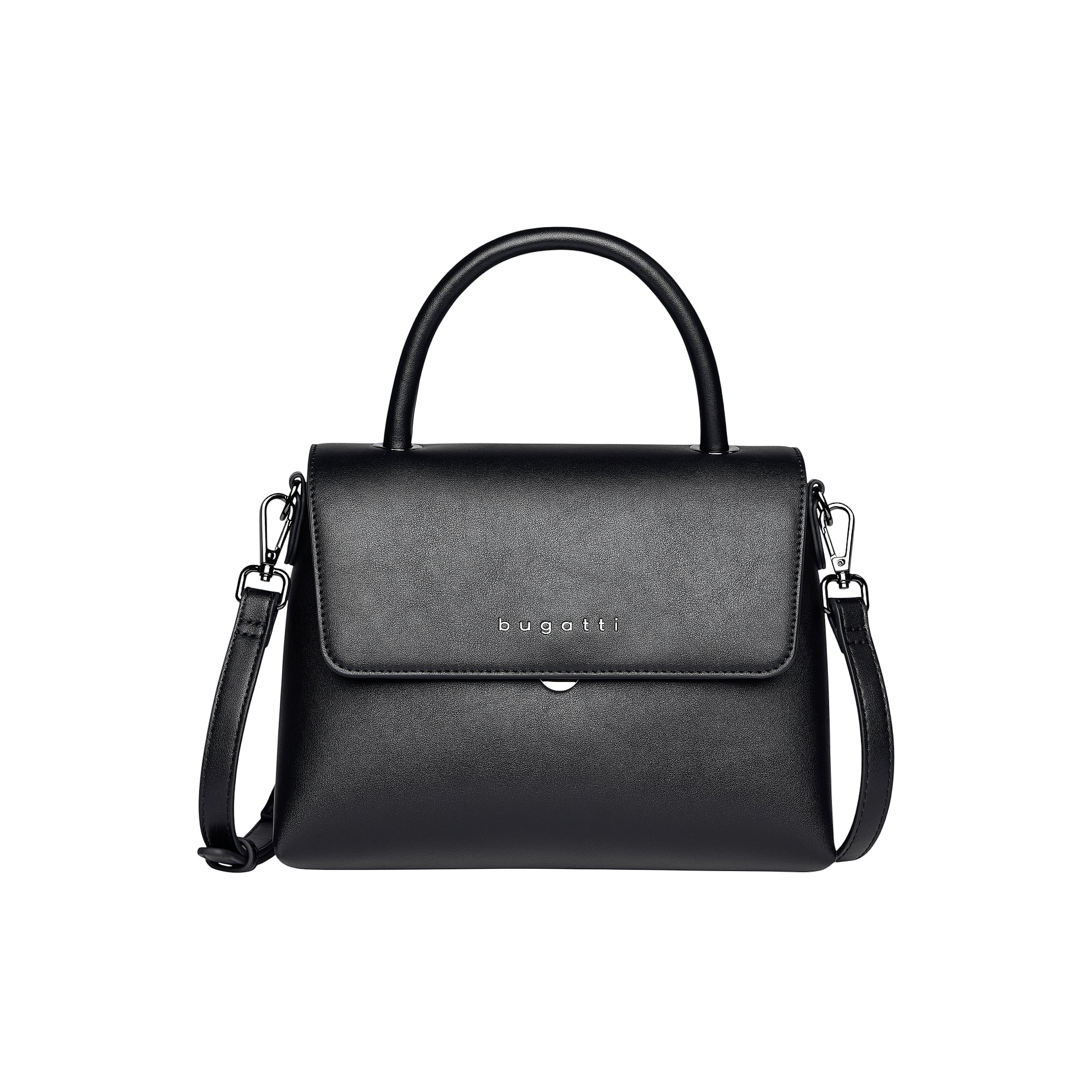 Black faux leather top-handle bag with a front flap, silver-toned "bugatti" logo, and a detachable shoulder strap with silver