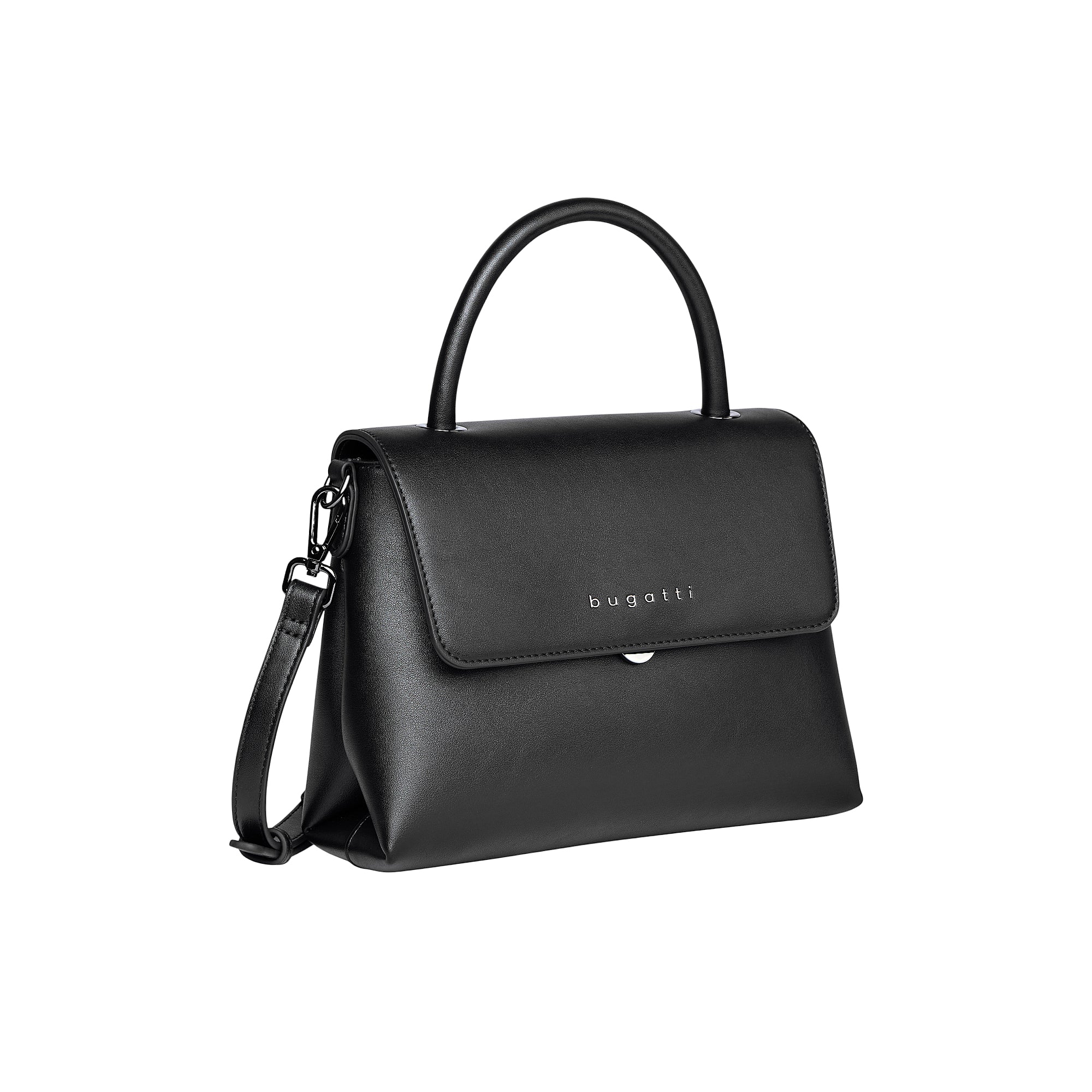 Black structured bag with a top handle, front flap closure, silver-toned bugatti logo, and a detachable shoulder strap.