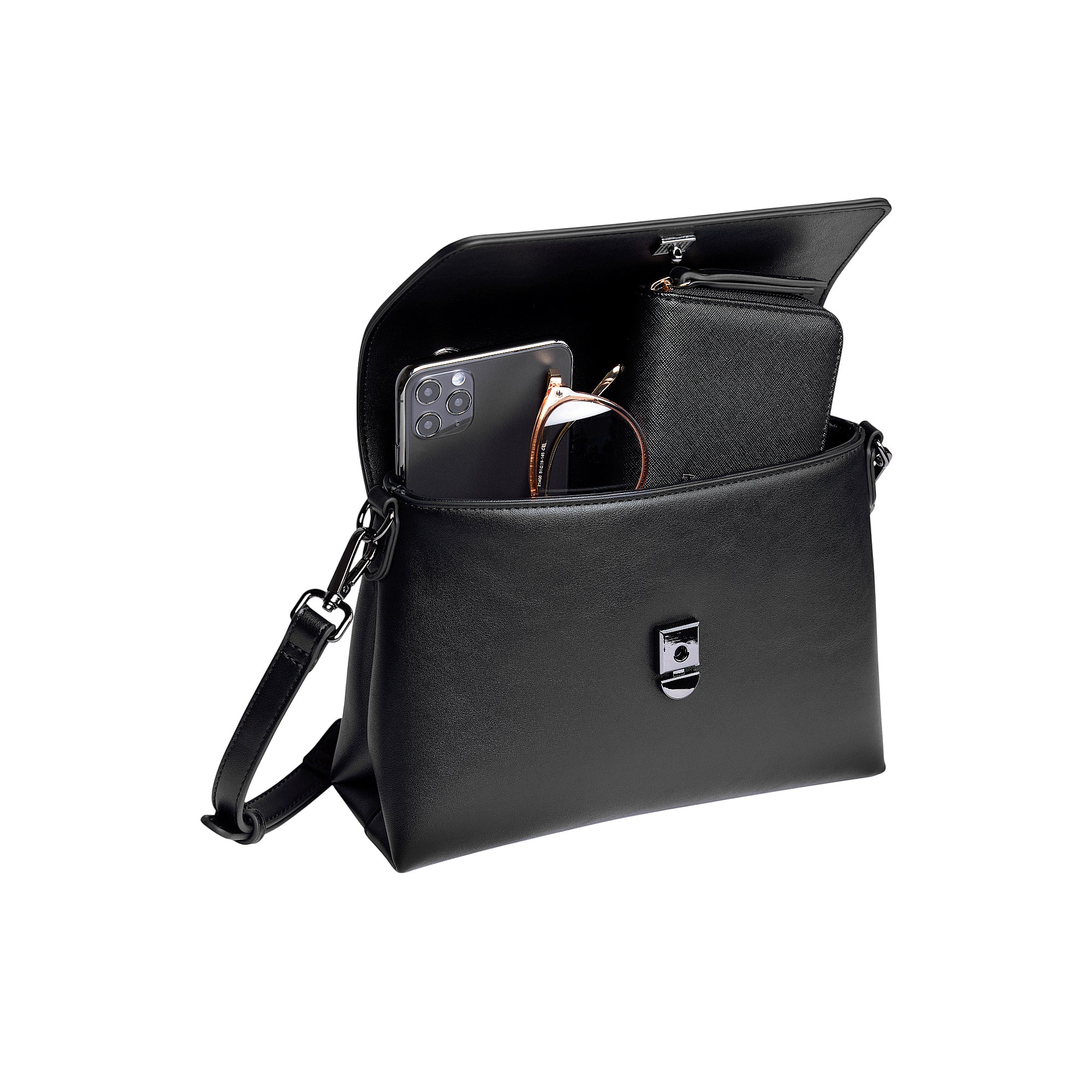 Black faux leather shoulder bag with an open front flap, a gunmetal-toned rectangular clasp, and an adjustable strap.