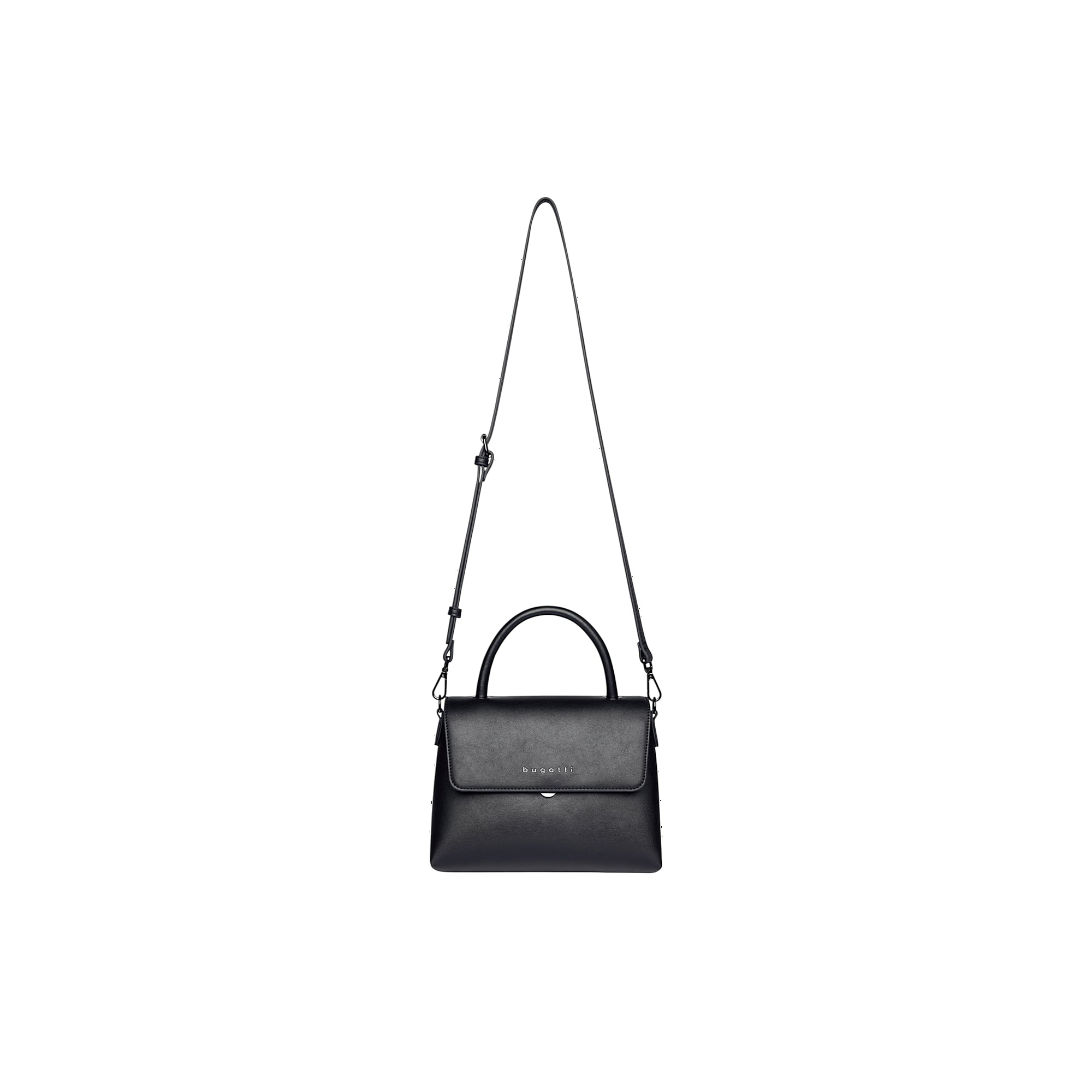 Black faux leather top-handle bag with a flap closure, silver-toned turn-lock, and a detachable, adjustable shoulder strap.