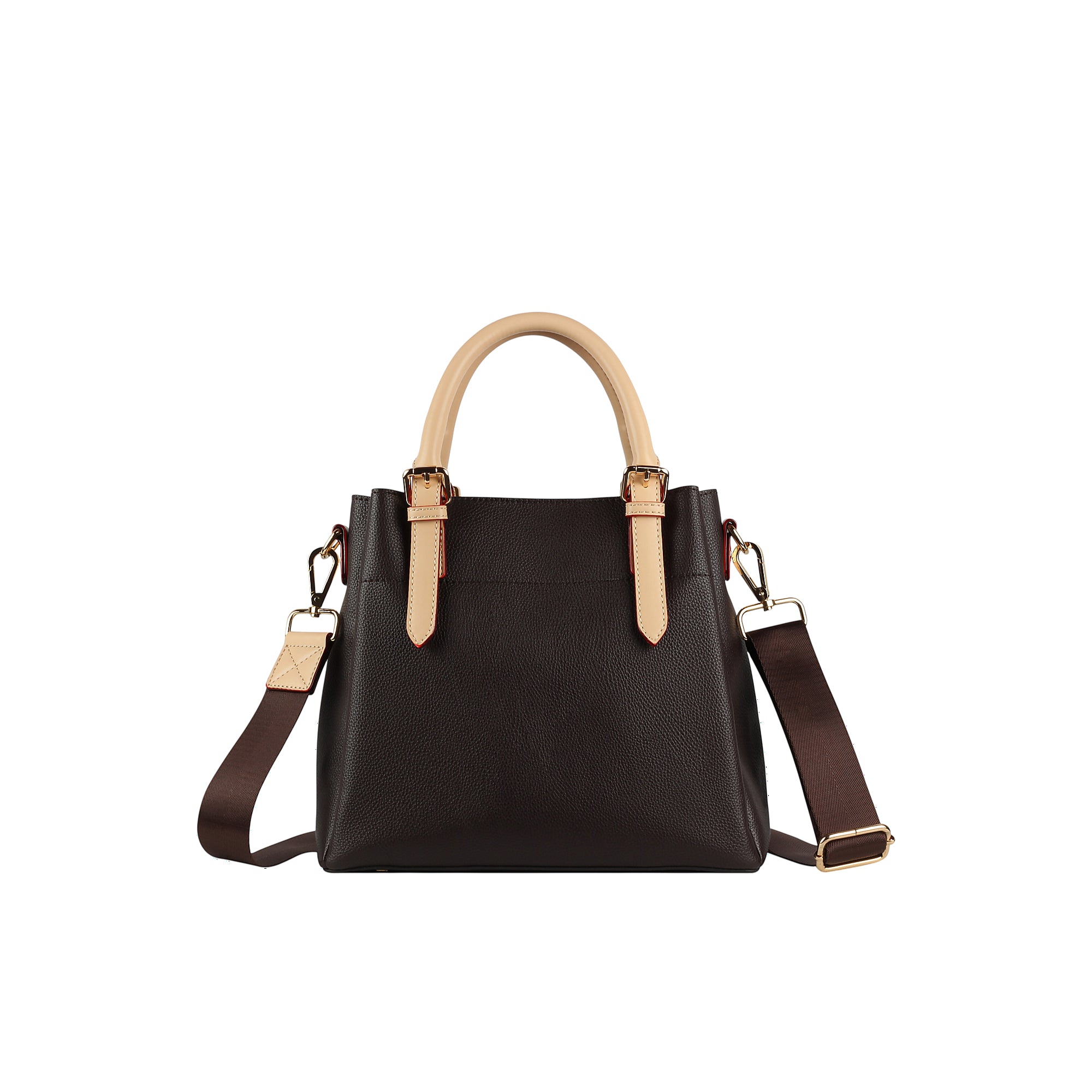 Brown pebbled faux leather top handle bag with light beige curved handles, light beige strap accents, and a brown shoulder st