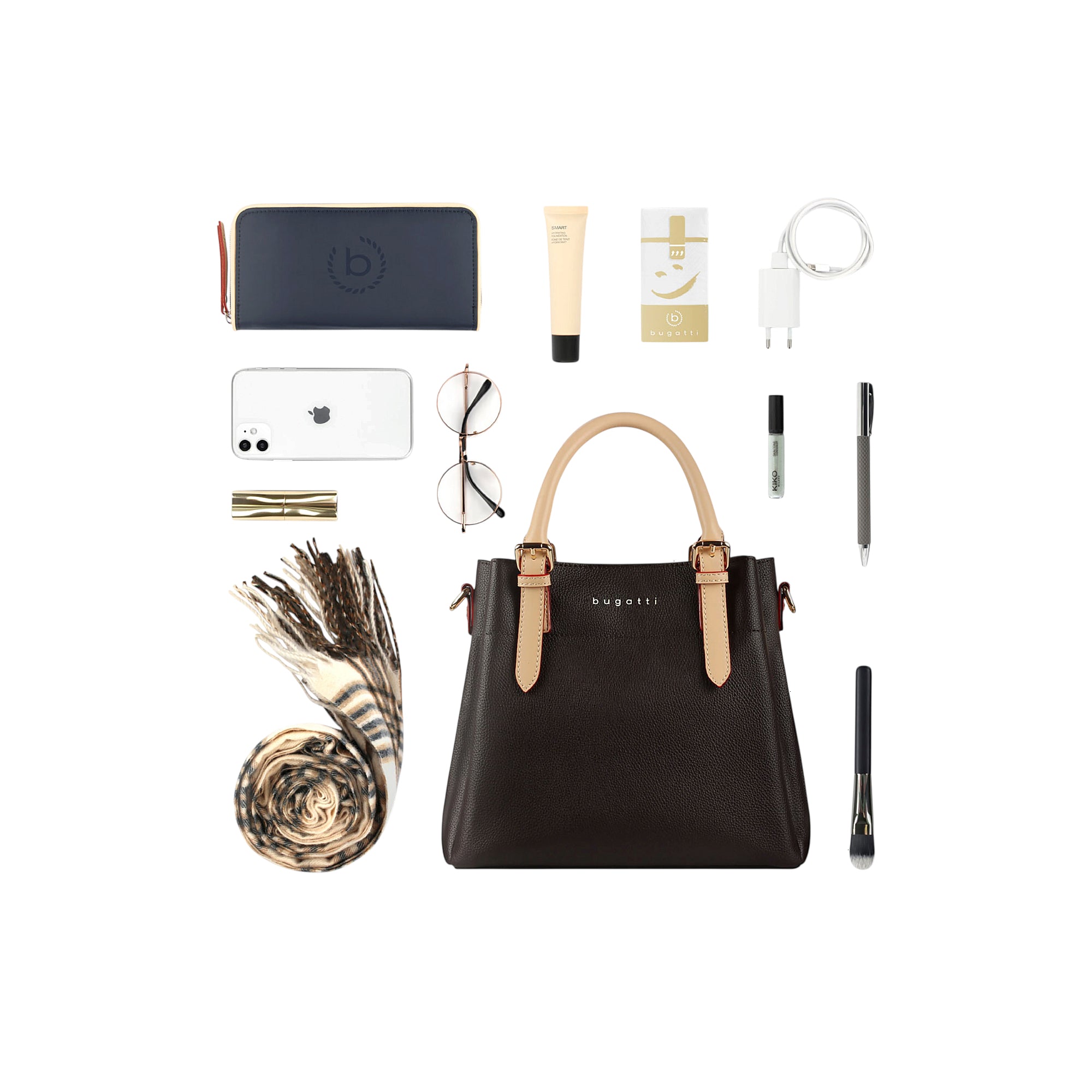 Dark brown pebbled faux leather top-handle bag with light beige handles, gold-toned buckles, and a gold-toned 'bugatti' logo.