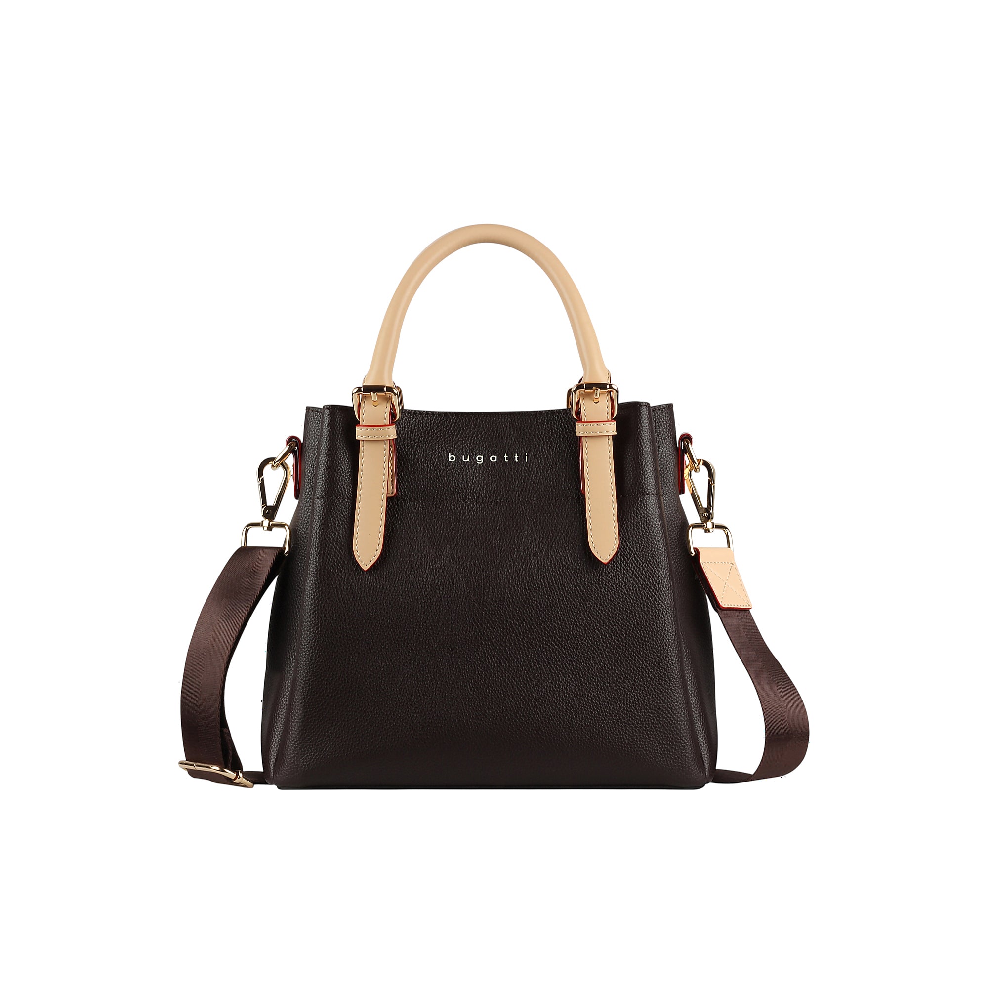 Dark brown textured handbag with light beige top handles, red-stitched straps, gold-toned hardware, and a detachable brown sh