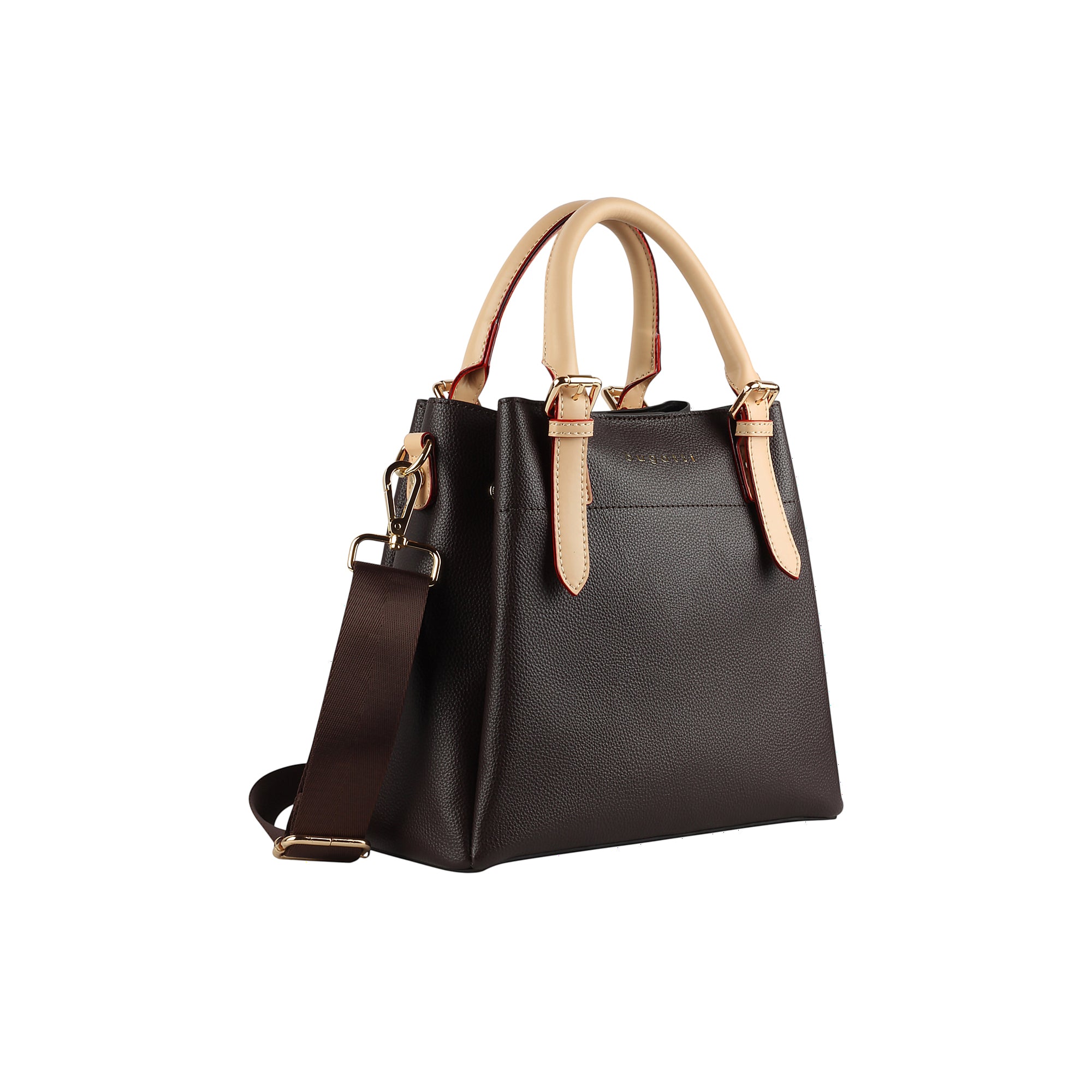 Dark brown pebbled faux leather top-handle bag with beige handles, red trim, gold-toned hardware, and a detachable shoulder s