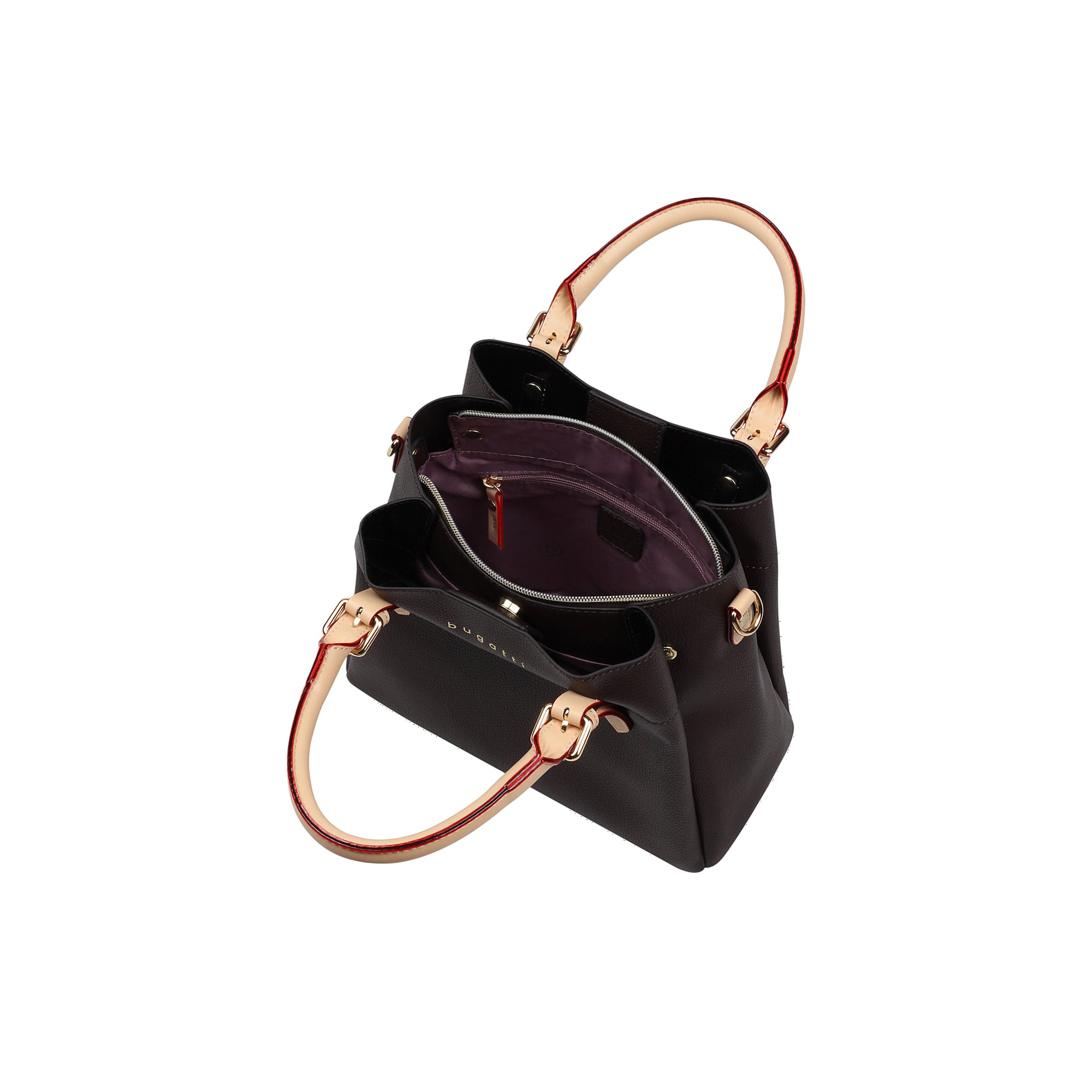 Brown textured handbag with light beige top handles, red edges, and gold-toned hardware. Open, showing purple lining and zip