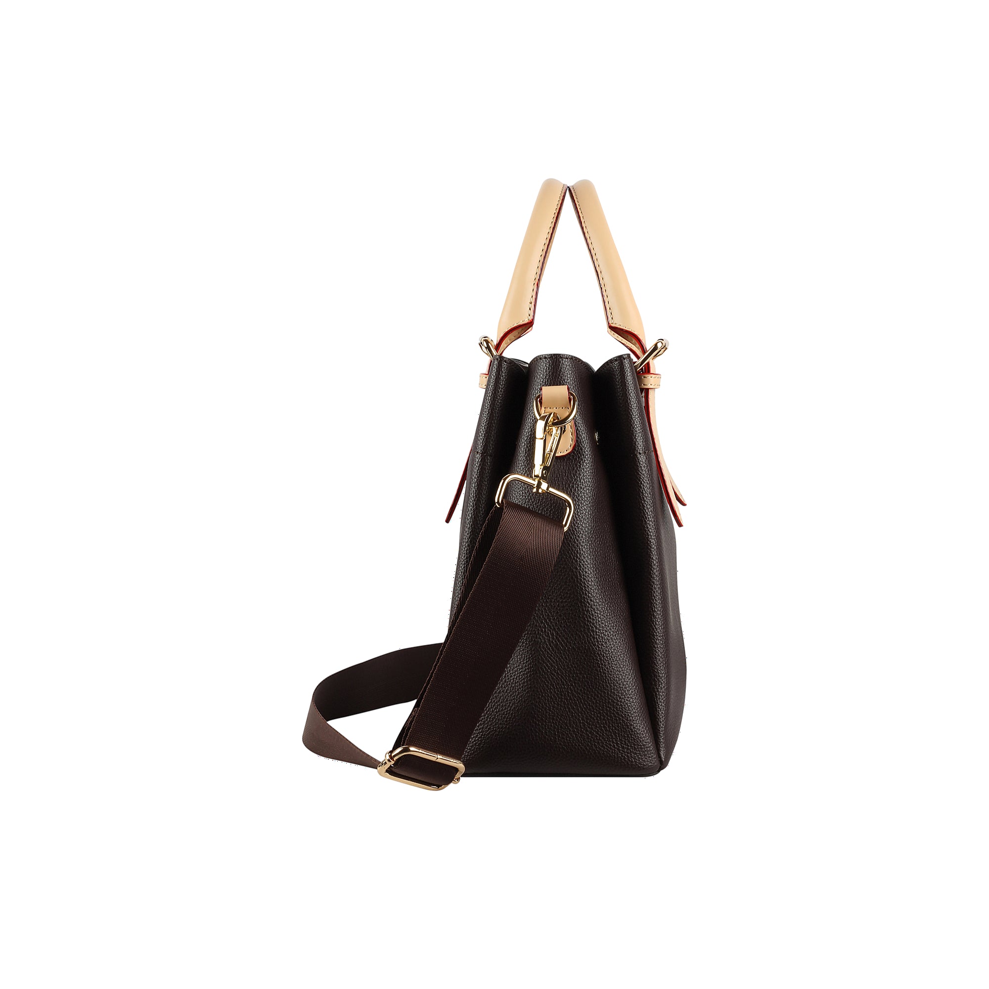Brown textured handbag with light tan top handles, red trim, and a dark brown fabric shoulder strap with gold-toned hardware.