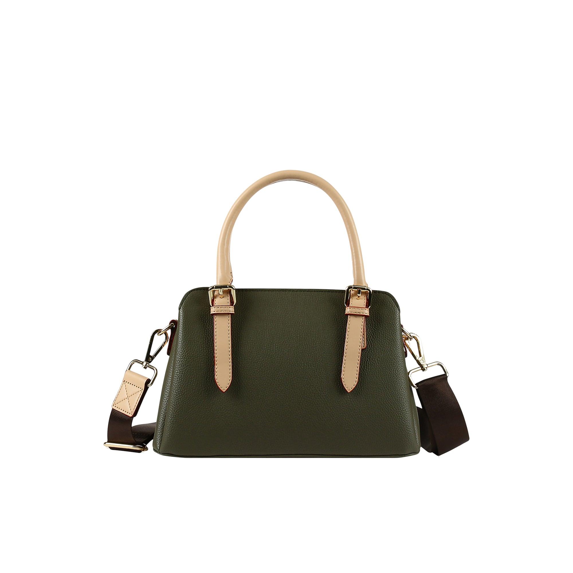 Olive green pebbled faux leather bowling bag with light beige top handles and trim, and a dark brown detachable shoulder stra
