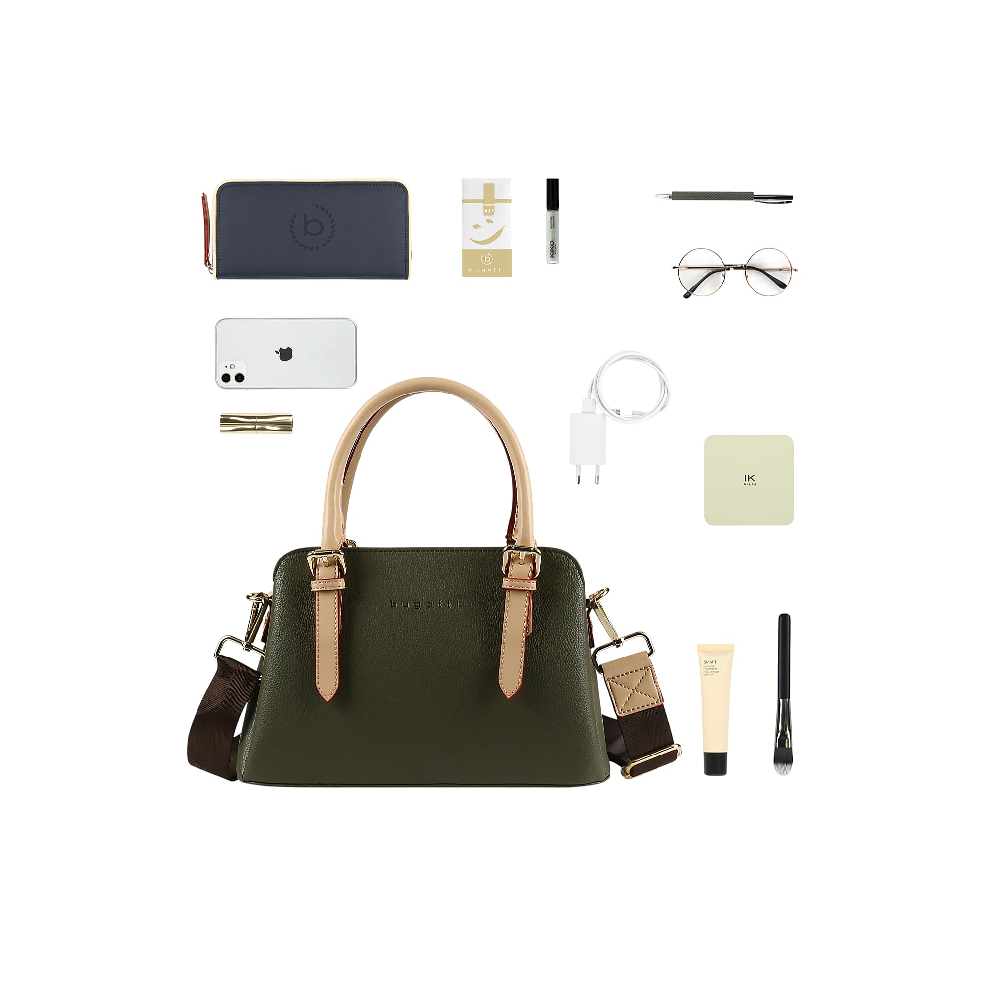 Olive green structured bowling bag with light tan top handles, a dark brown shoulder strap, gold-toned hardware, and red stit