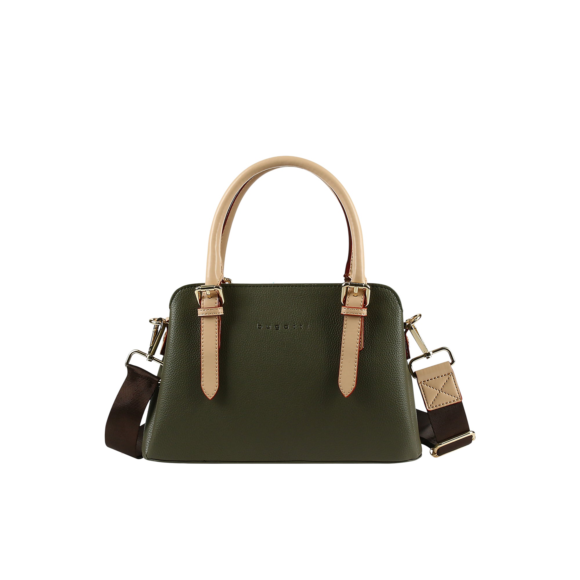 Olive green bowling bag with light beige top handles, front straps, and a two-tone shoulder strap with gold-toned hardware.