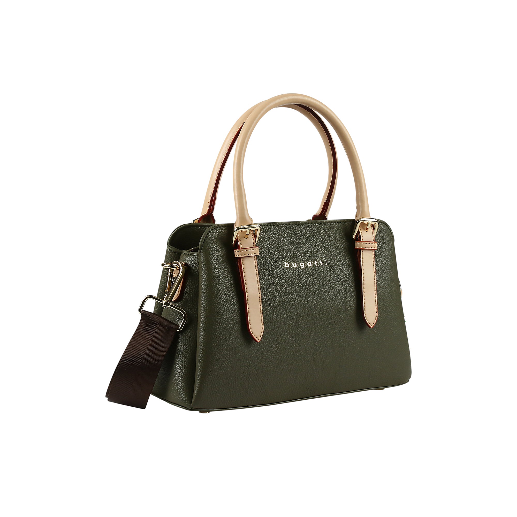 Olive green pebbled faux leather bowling bag with light beige top handles, red trim, gold-toned hardware, and a dark brown de