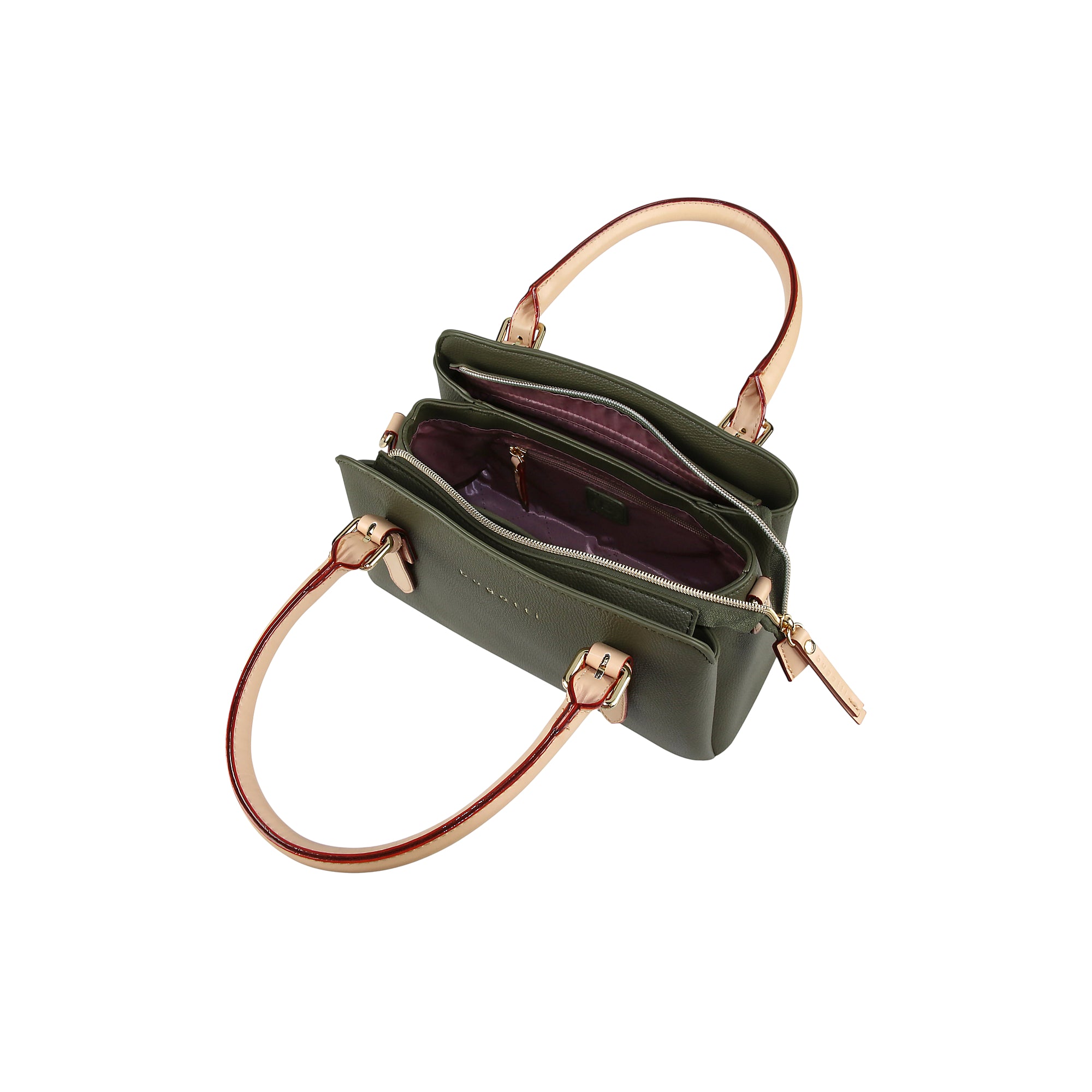 Olive green textured bowling bag with two light tan top handles, gold-toned hardware, and an open main compartment with pink