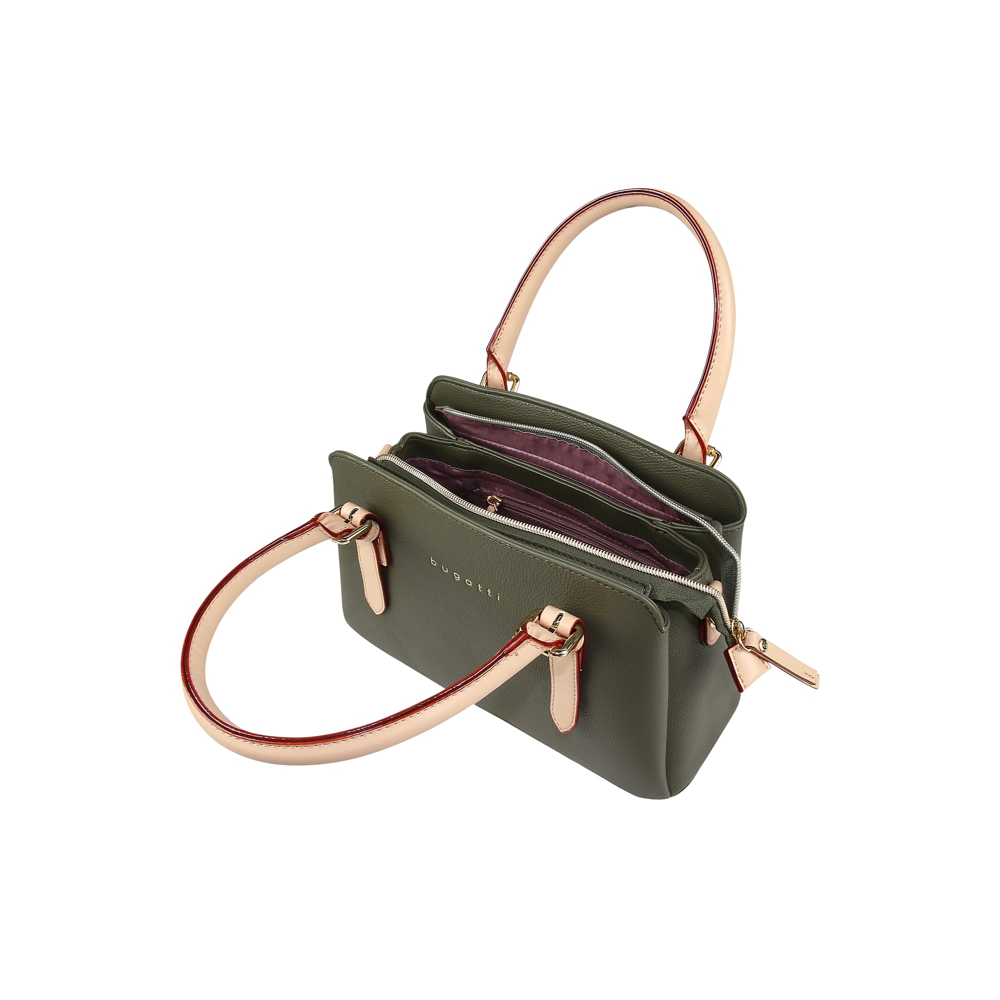 Olive green textured bowling bag with light beige handles, dark red edges, gold-toned hardware, and a pink lining.
