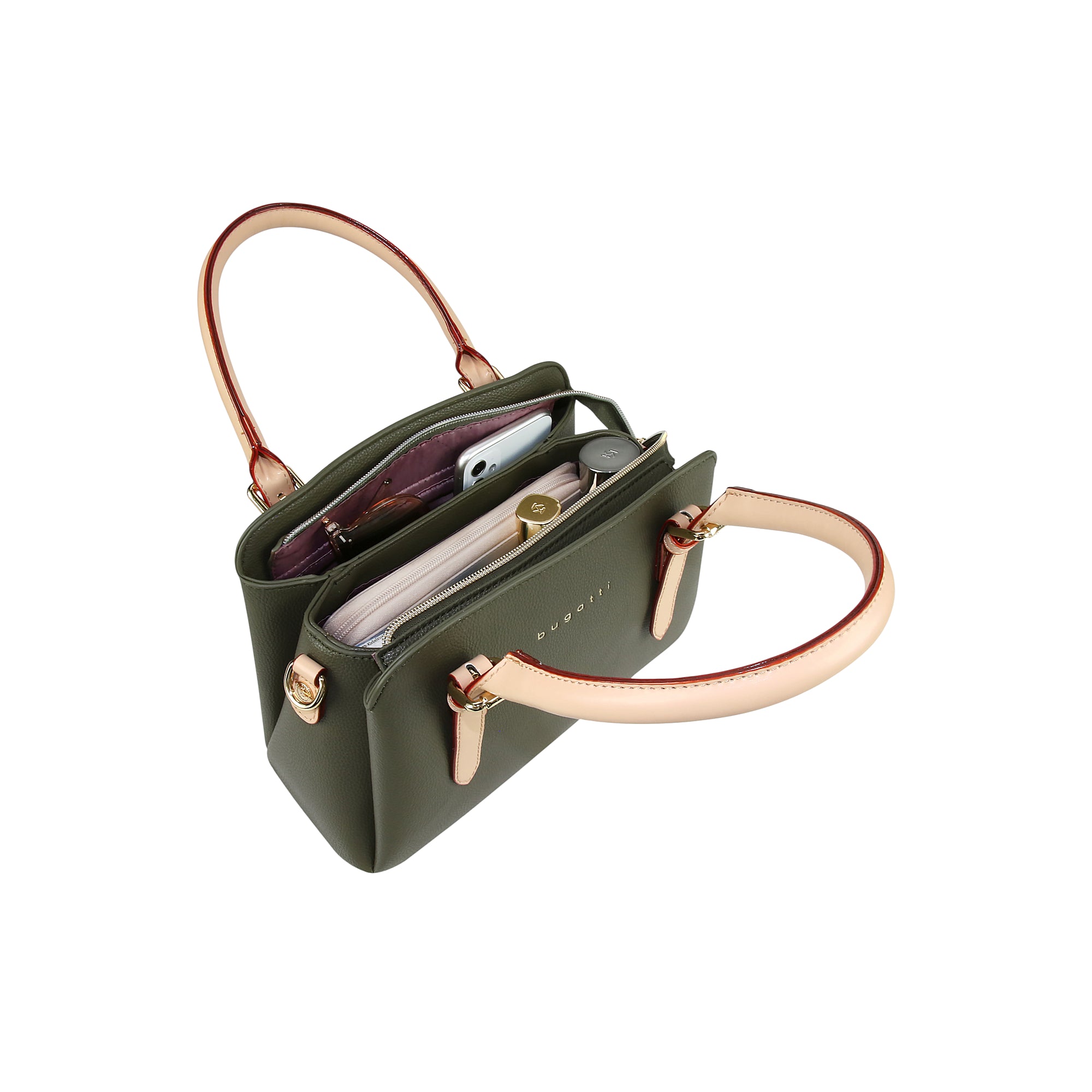 Olive green textured bowling bag with light beige top handles, reddish-brown edges, and gold-toned hardware. Top zipper closu