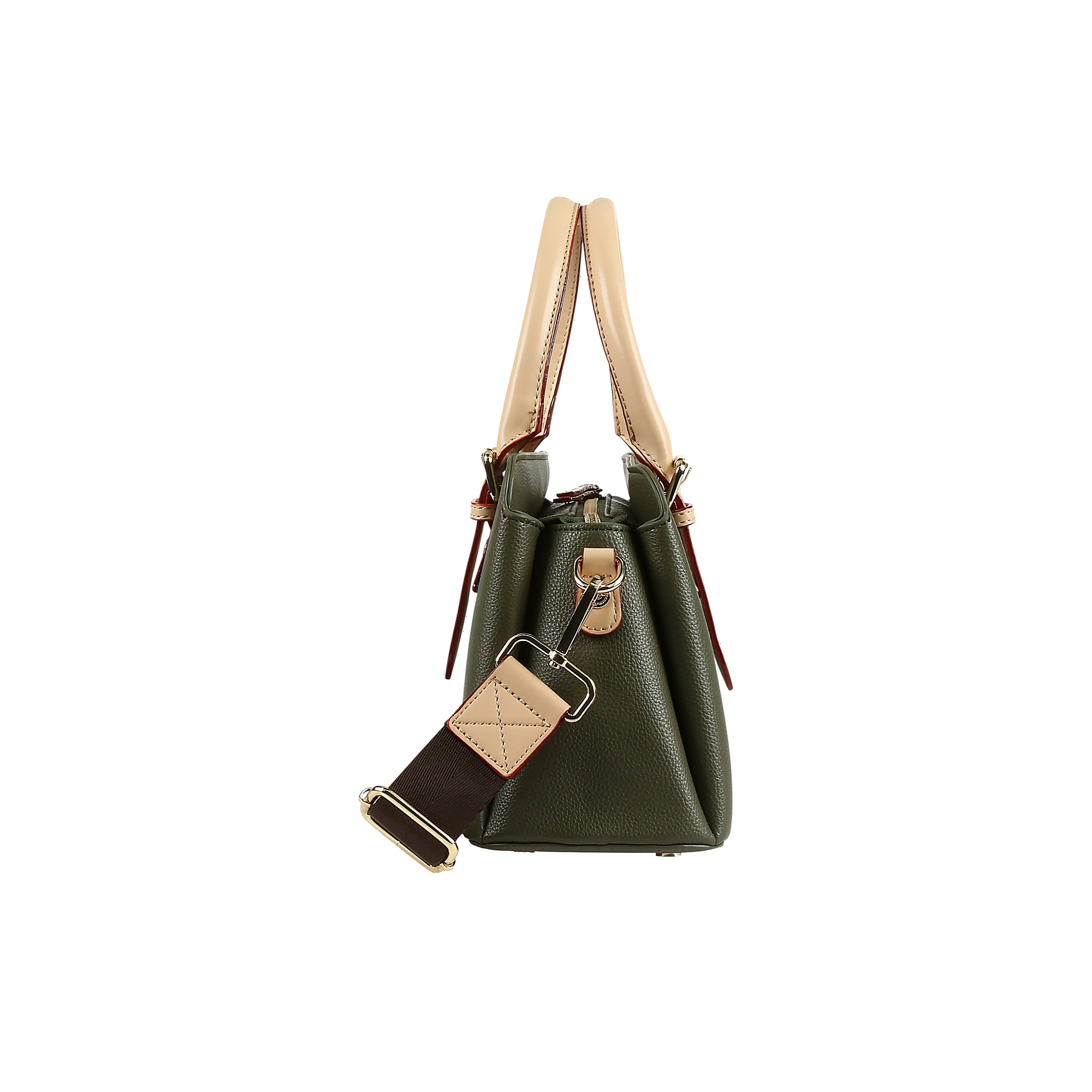 Olive green pebbled bowling bag with light beige top handles and a detachable two-tone strap with gold-toned hardware.