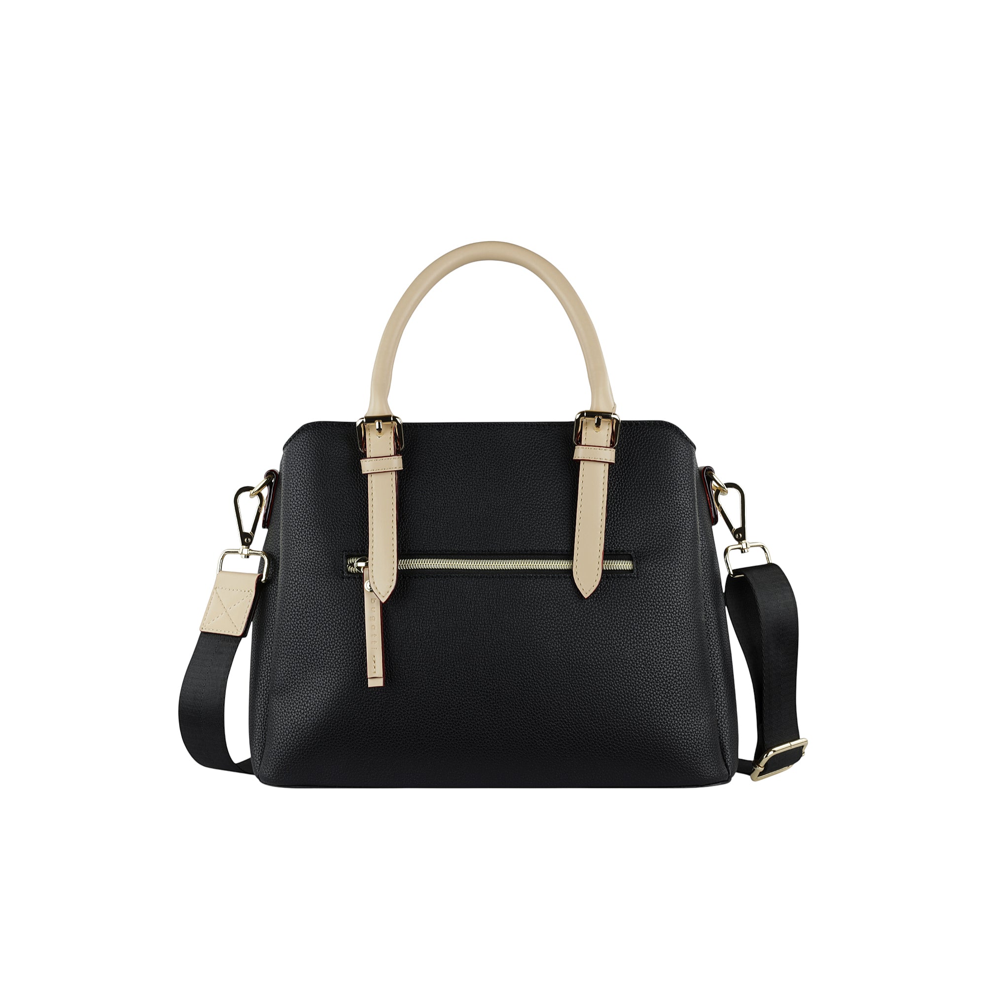Black pebbled bowling bag with light beige top handles and decorative front straps, gold-toned hardware, and a black shoulder