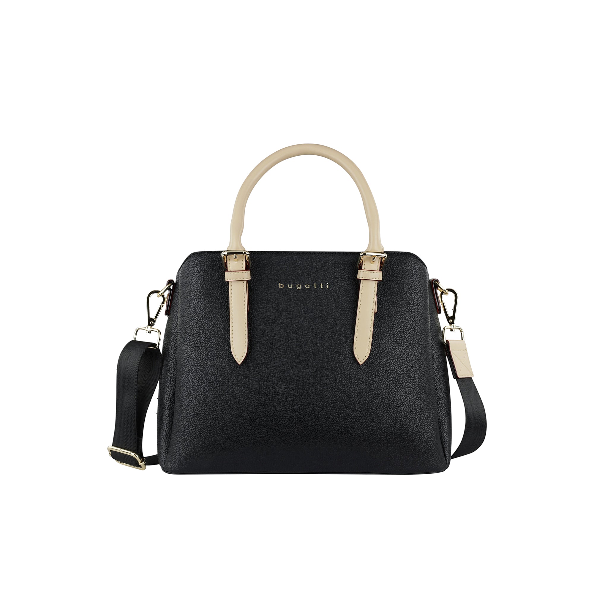 Black pebbled faux leather bowling bag with light beige top handles, decorative straps, and a black webbing shoulder strap. G