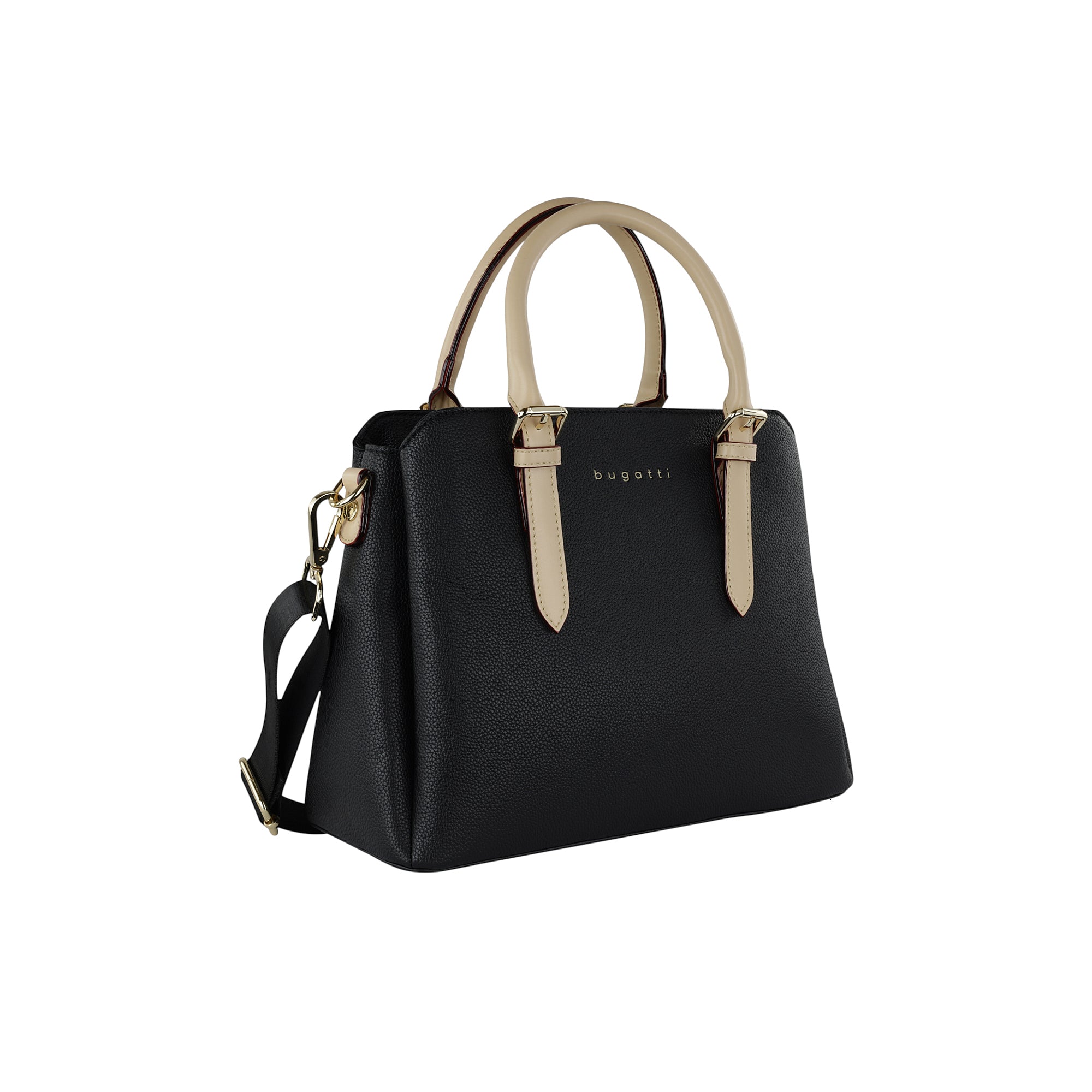 Black pebbled faux leather bowling bag with beige top handles, decorative front straps with gold-toned buckles, and a detacha