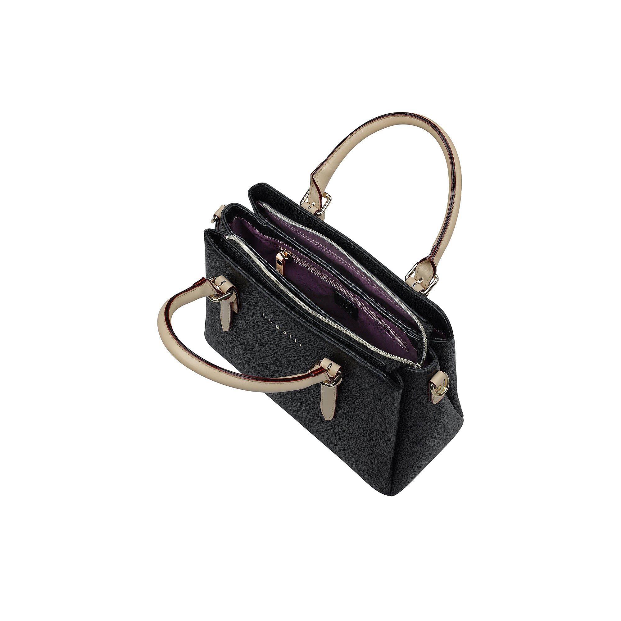 Black textured faux leather bowling bag with light beige handles, gold-toned hardware, and a purple interior lining.