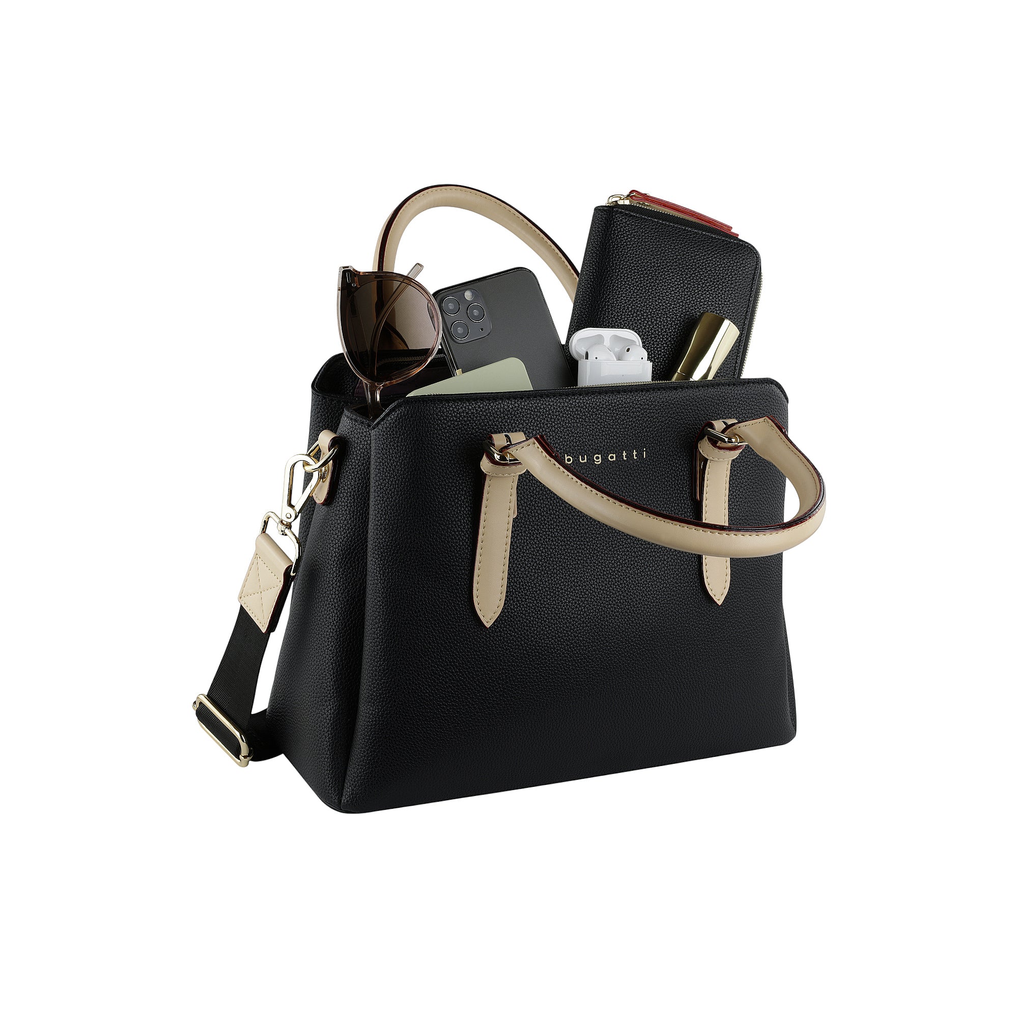 Black pebbled bowling bag with beige top handles, gold-toned hardware, and a detachable black/beige shoulder strap. Bugatti l