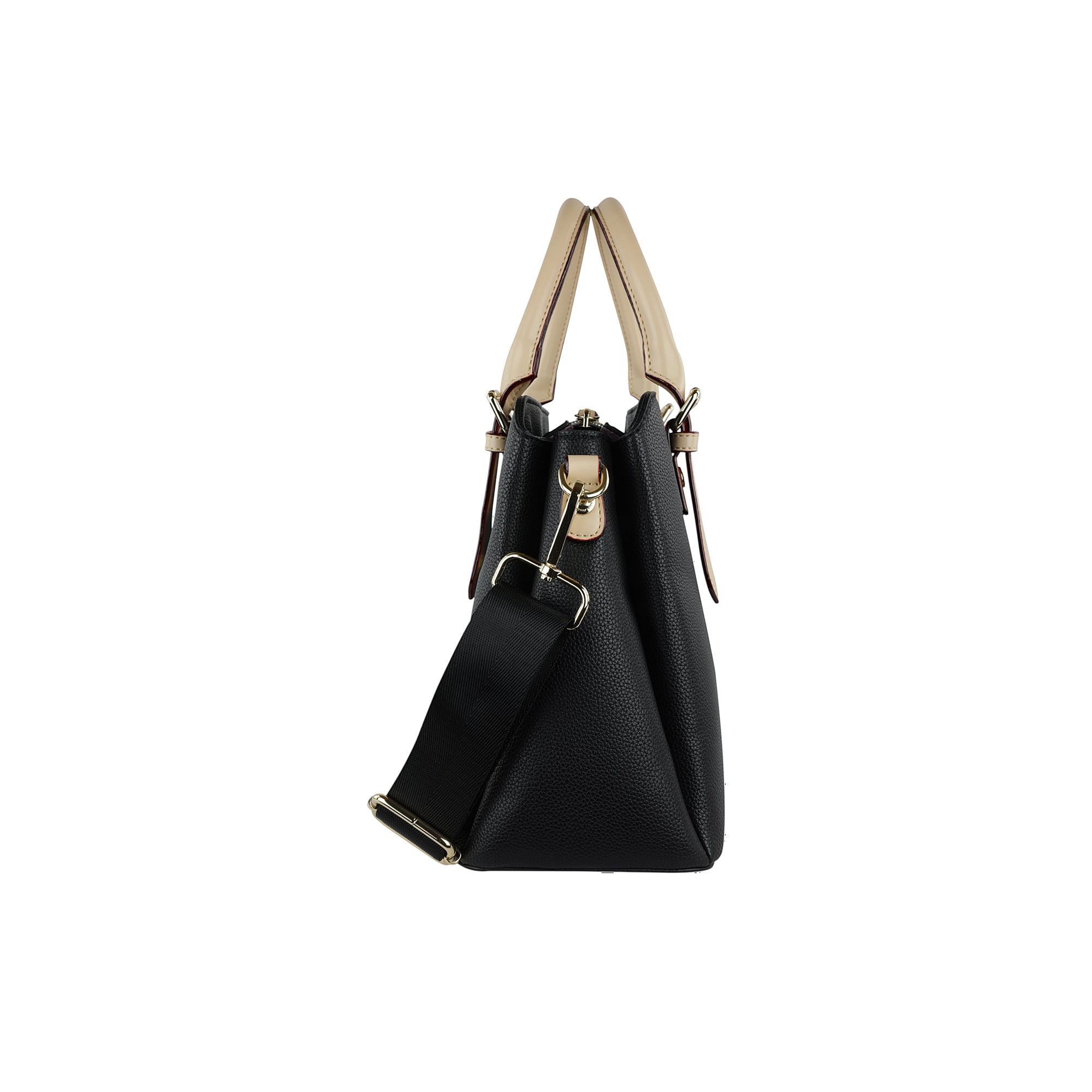 Black pebbled faux leather bowling bag with light beige top handles and a black fabric shoulder strap, all with gold-toned ha