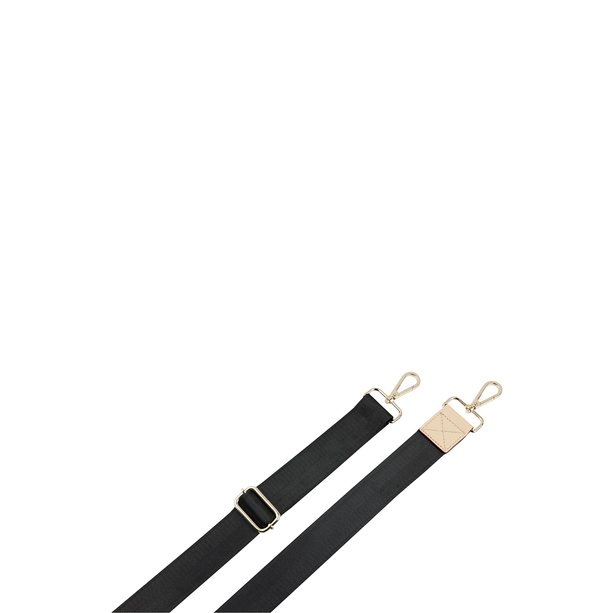 Two black fabric straps. One has a gold-toned rectangular adjuster and snap hook. The other has a light tan tab and snap hook