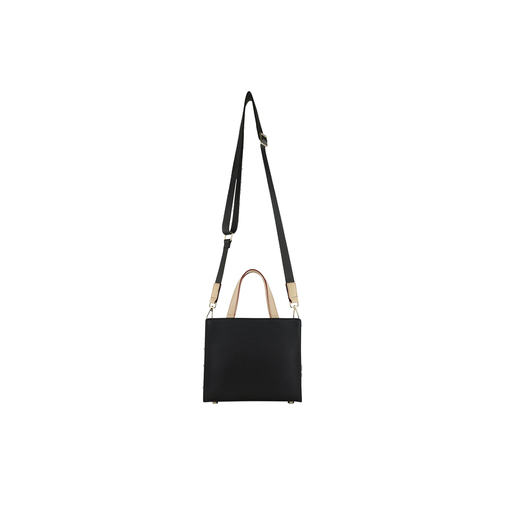 Black rectangular mini tote bag with two light beige top handles and a black adjustable shoulder strap.