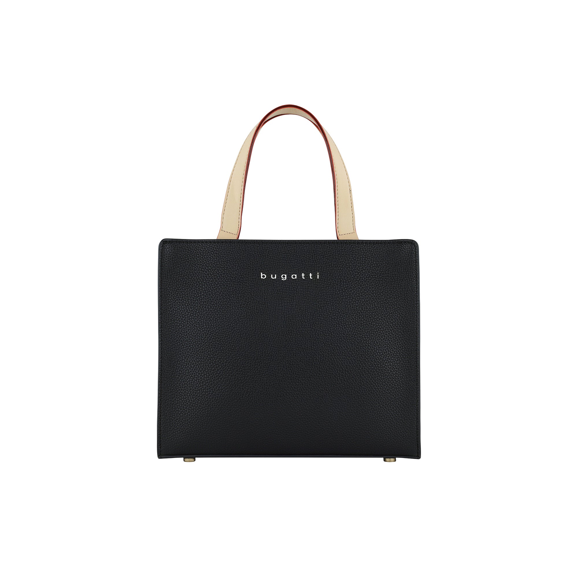 Black pebbled mini tote bag with two light beige top handles, red-brown edges, and a white 'bugatti' logo. Four gold-toned fe