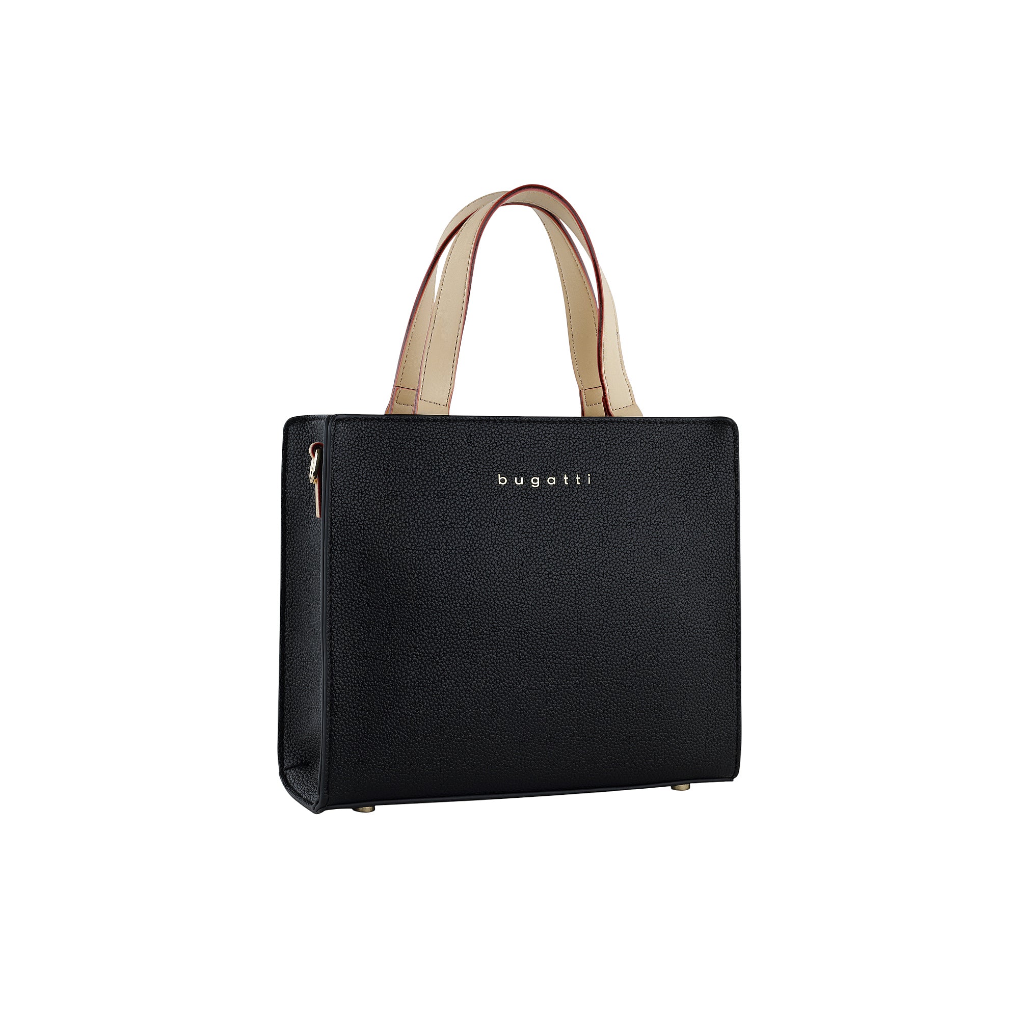 Black pebbled tote bag with two light beige handles, red trim, gold-toned 'bugatti' logo, side zipper pull, and bottom feet.