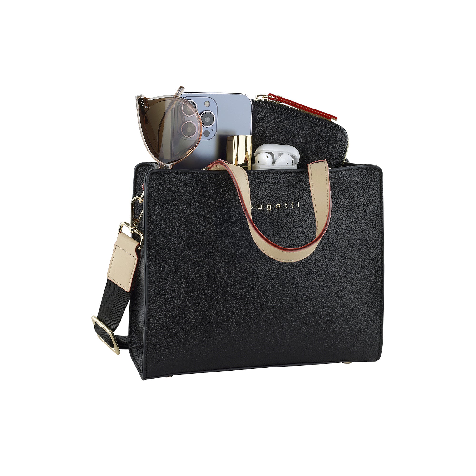 Black pebbled faux leather mini tote bag with beige top handles, black and beige shoulder strap, gold-toned logo and hardware